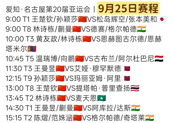 9月25日赛程#名古屋亚运会乒乓球 #亚运观赛团
