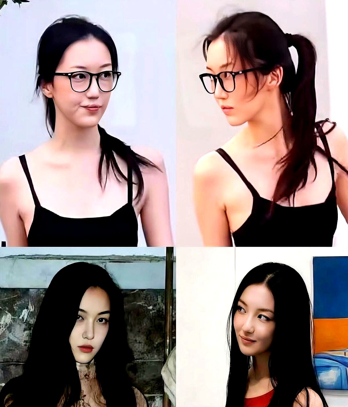 镜头扫过去，当红女星宋妍霏和窦靖童站在一起，却被旁边一个素面朝天的女孩抢了风头。

她套着件黑色小吊带，踩着条阔腿裤，鼻梁上架着副黑框眼镜。没涂口红，也没做发型，就那么懒散地站着。

镜头一推近，李嫣骨子里透出来的那股冷淡劲儿，简直跟当年巅峰期的王菲一个模子刻出来的。别人在镜头前拼命挤微笑找角度，她