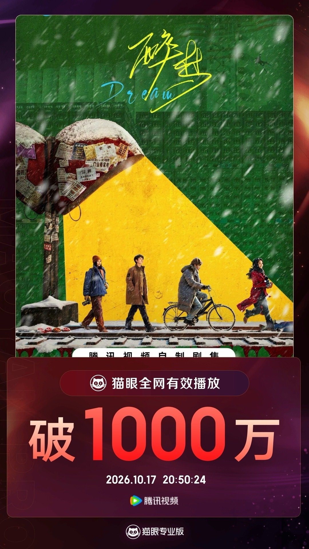 #醉梦[超话]##醉梦有效播放量破1000万# 据猫眼专业版数据，刘诗施（刘诗诗） 李乃文 胡先煦 黄小蕾（按姓氏笔画排序） 领衔主演剧集《醉梦》热播中，全网有效播放量突破1000万！ ​