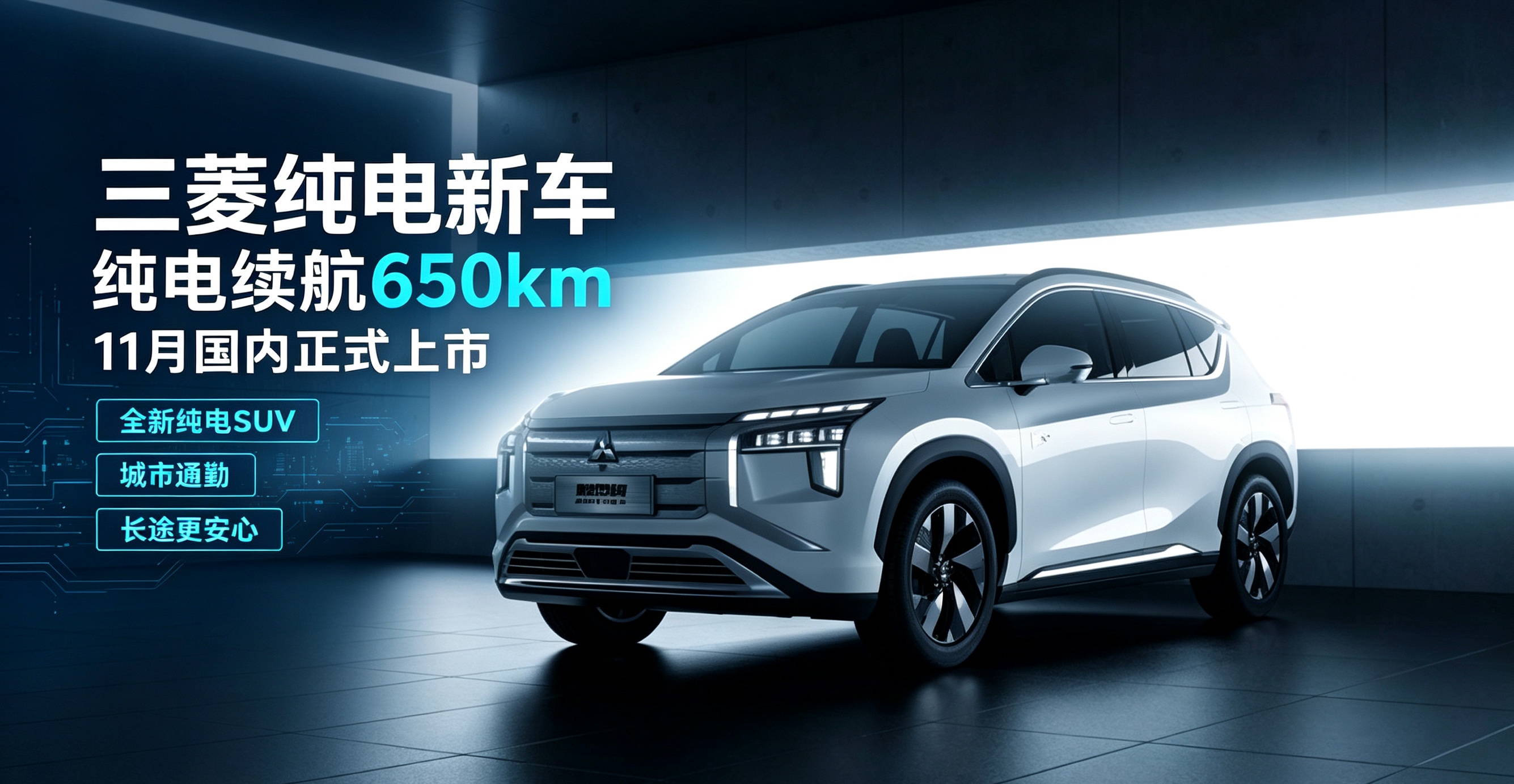 三菱全新纯电SUV来了，11月上市，续航650km，这次是认真的吗？

三菱终于要在国内市场补上纯电产品线了。

最近，三菱全新纯电SUV正式发布，新车确定将于11月在国内上市，CLTC续航达到650km，定位很明确：主打家用长续航纯电SUV。

关键是，这台车不是燃油车改款，也不是中期小改，而是三