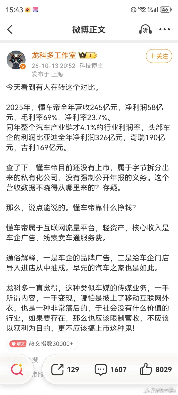 #懂车帝被曝2025年营收245亿# 
懂车帝对国家、对人民做出过什么贡献、带来过什么利益吗？……没有。
一年营收几百亿，净利润58亿。如此暴利行业，靠的是抹黑和打压正常企业，损害国家和人民的利益。国家还不整顿，更待何时？
[怒][怒][怒]

————————————
2025年，懂车帝全年营收245亿元， ​