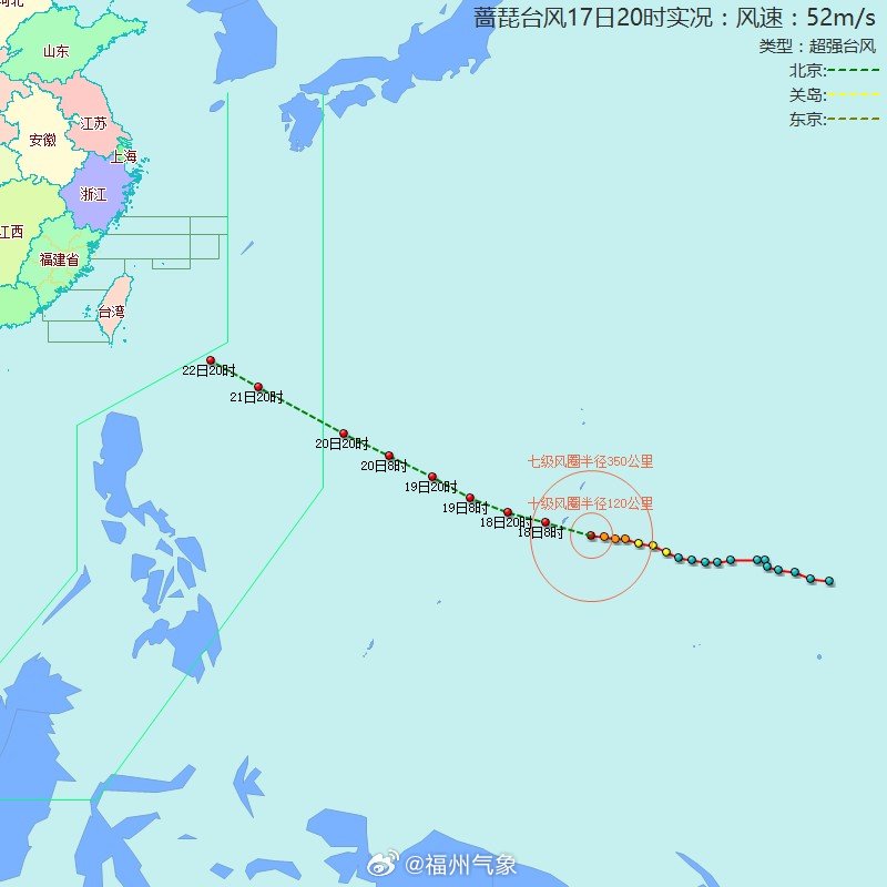 【台风位置】蔷琵（超强台风）：2026年10月17日20时，距离福州3182公里，气压：935百帕，近中心最大风力：16级，移速：23km/h。 ​