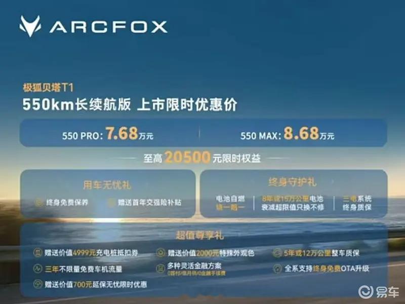 #新车上市#【极狐贝塔T1 550km长续航版正式上市 限时优惠价7.68万起】8月31日，极狐贝塔T1全新550km CLTC续航版本正式上市，售价7.68-8.68万元。新车进一步扩充产品矩阵，在原有350km、450km续航版本基础之上，给出更长续航的选择方案，满足多元用车需求。
车身长宽高为4375/1860/1572mm，轴距达到2770 ​