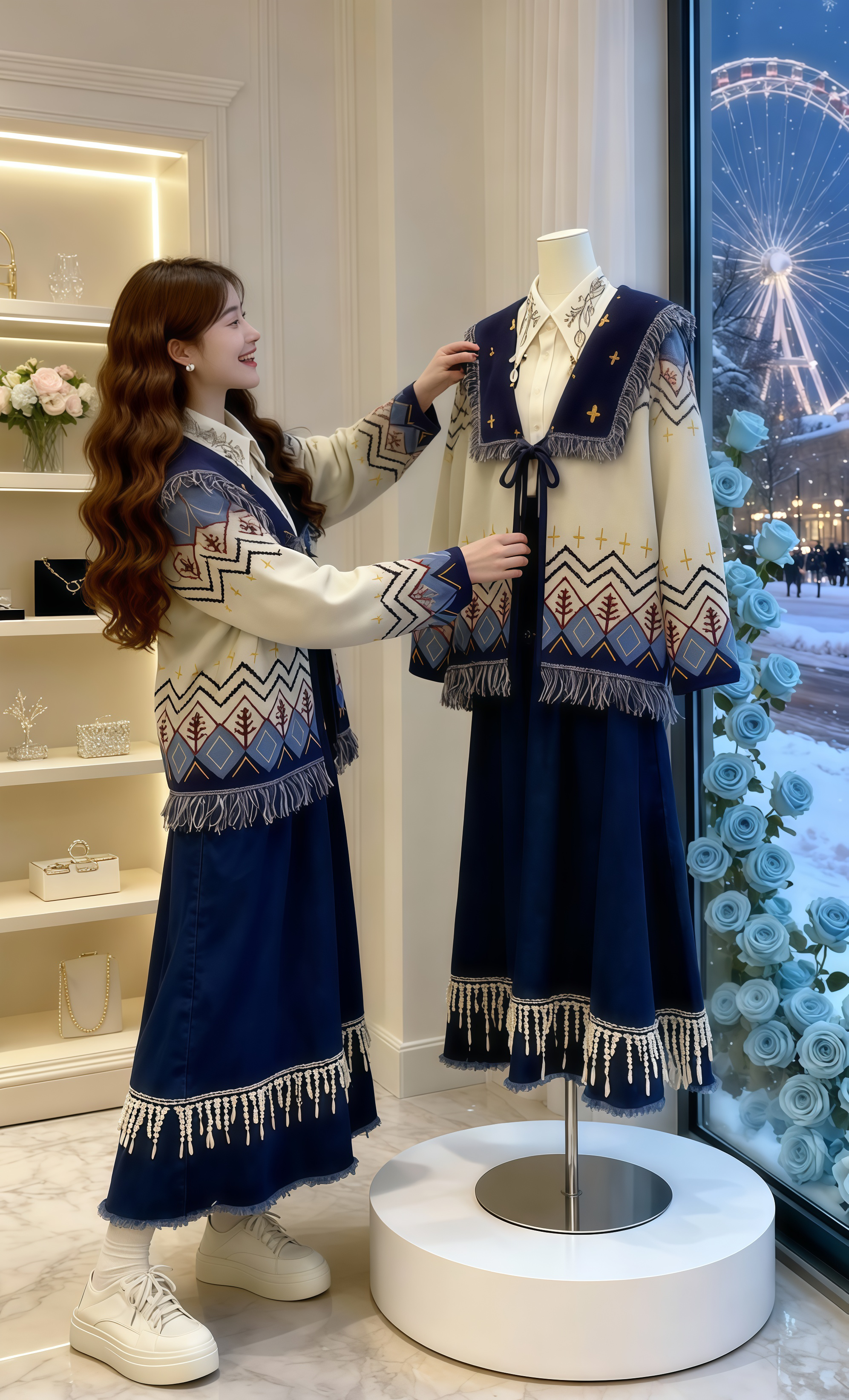 肉肉女生都去穿这套慵懒风套装！刺绣毛衣外套搭配牛仔半裙，上身又美又飒...