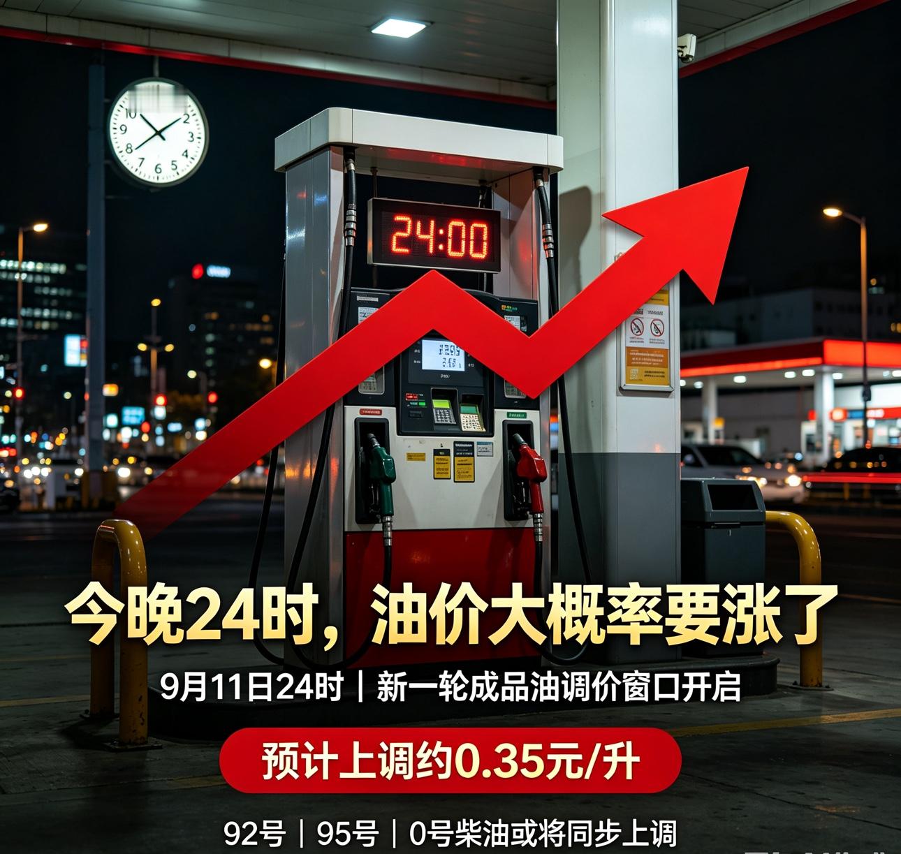油价今晚24时调整，加满一箱或多花17.5元，车主抓紧加油

今晚24时，国内油价大概率要涨了。

9月11日24时，新一轮成品油调价窗口将正式开启。多家机构预测，本轮油价将迎来“二连涨”，预计上调幅度在0.35元/升左右。

涨幅有多大？

据卓创资讯测算，截至9月9日收盘，参考原油变化率为8.1