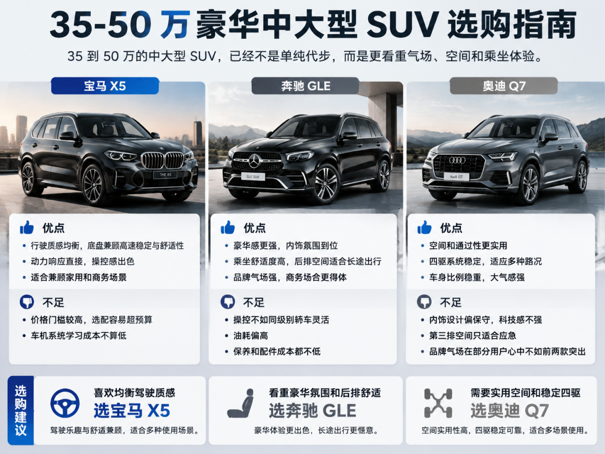 35-50 万豪华中大型 SUV 选购指南
35 到 50 万的中大型 SUV，已经不是单纯代步，而是更看重气场、空间和乘坐体验。宝马 X5 的行驶质感比较均衡，底盘既能保证高速稳定，也不会过度生硬，动力响应直接，适合兼顾家用和商务场景。缺点是价格门槛较高，选配容易超预算，车机系统学习成本不算低。