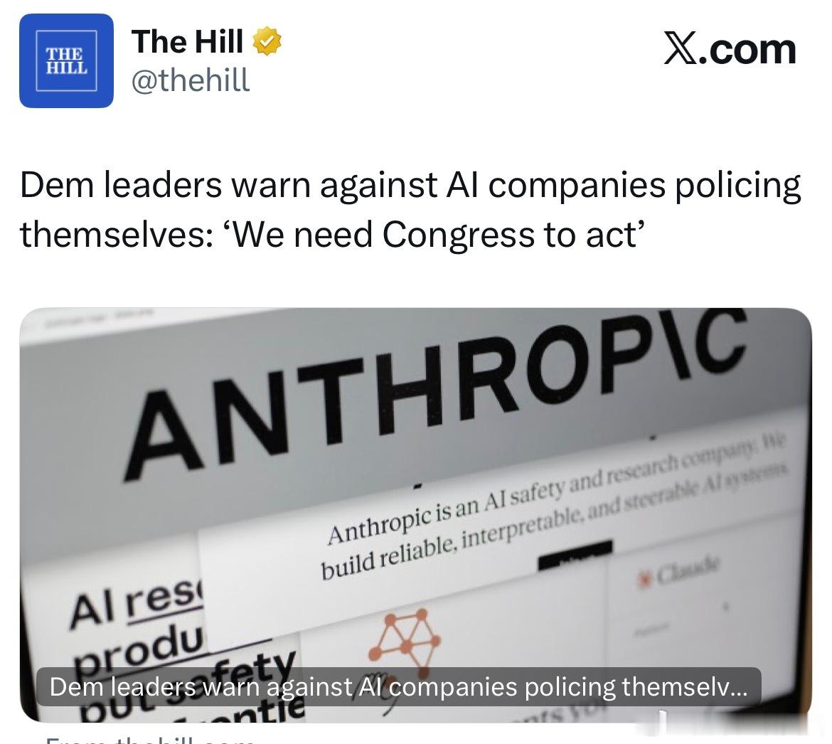 民主党领袖要求国会立法加强对人工智能的监管，以保障安全。共和党担心政府监管会造成人工智能发展迟缓，美国在全球竞争中落后。 ​​​