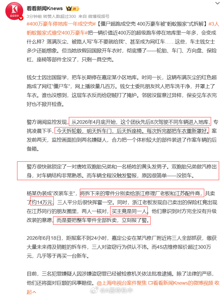 #400万豪车停地库一年成空壳# 

“杨某伪装成“改装车主”，将拆下来的零件分别卖给浙江修理厂老板和江苏配件商，共卖了约14万元，三人平分后很快挥霍一空。同时，浙江老板发现自己卖出的保险杠竟出现在江苏同行的朋友圈里，两人一核对，买主竟是同一人。他们意识到对方完全没有升级改装的意愿，而是要 ​