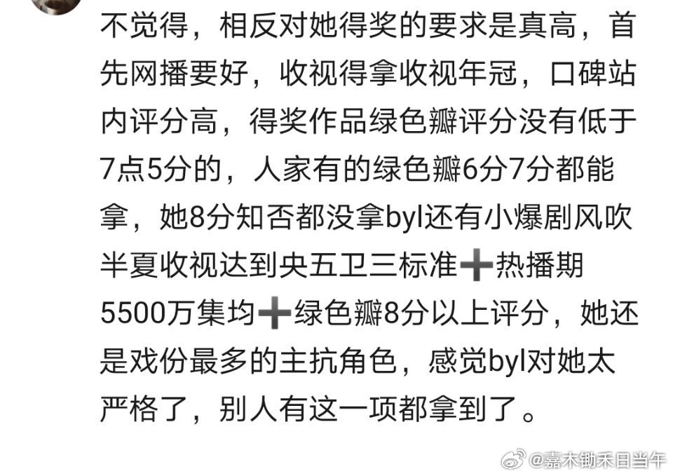 我突然发现马蜂一直在左右脑互搏，一边说赵丽颖拿飞天奖那一年是小年，一边替别人出征说别人作品好，题材好，评分高。到底能不能统一话术。这不是更证明，赵丽颖风吹半夏不凭借题材优势，不是大厂出品，完全凭演技和观众口碑，受到飞天奖评委会和观众一致认可的吗？ ​