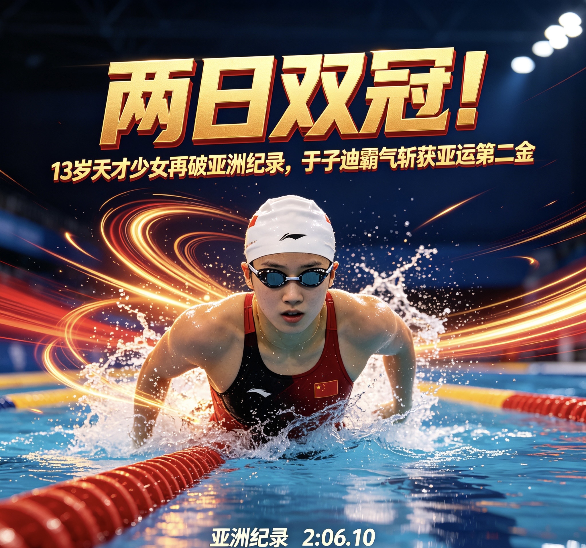 两日双冠！13岁天才少女再破亚洲纪录，于子迪霸气斩获亚运第二金

碧波逐浪，少年封神！2026年名古屋亚运会游泳赛场再演传奇奇迹，年仅13岁的中国小将于子迪，在女子200米个人混合泳决赛中强势登顶，以2分06秒10的惊艳成绩打破尘封多年的亚洲纪录，斩获个人本届亚运会第二枚金牌。两日两冠、连破纪录，这