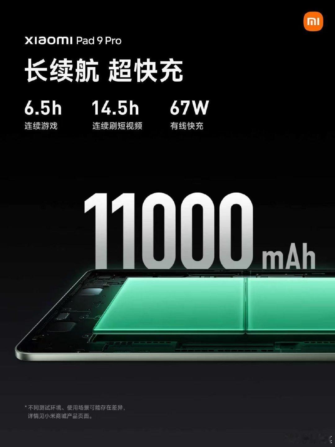 小米平板9 Pro，续航超强劲
11000mAh电池、67W有线快充
支持连续玩游戏6.5小时
连续刷短视频14.5小时
#小米平板9系列 已开启预售#小米[超话]# ​