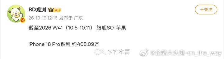 分享酷安用户的动态：【iPhone 18 Pro系列 最新销量曝光：周增119万台，累计超408万台】

截至 W41 —— 约408.09万（周增119万）
截至 W40 —— 约289.09万（周增112.86万）
截至 W39 —— 约176.23万（周增93.12万）
截至 W38 —— 约83.11万

#今日热点##iPhone18ProMax##iOS27#  ​
