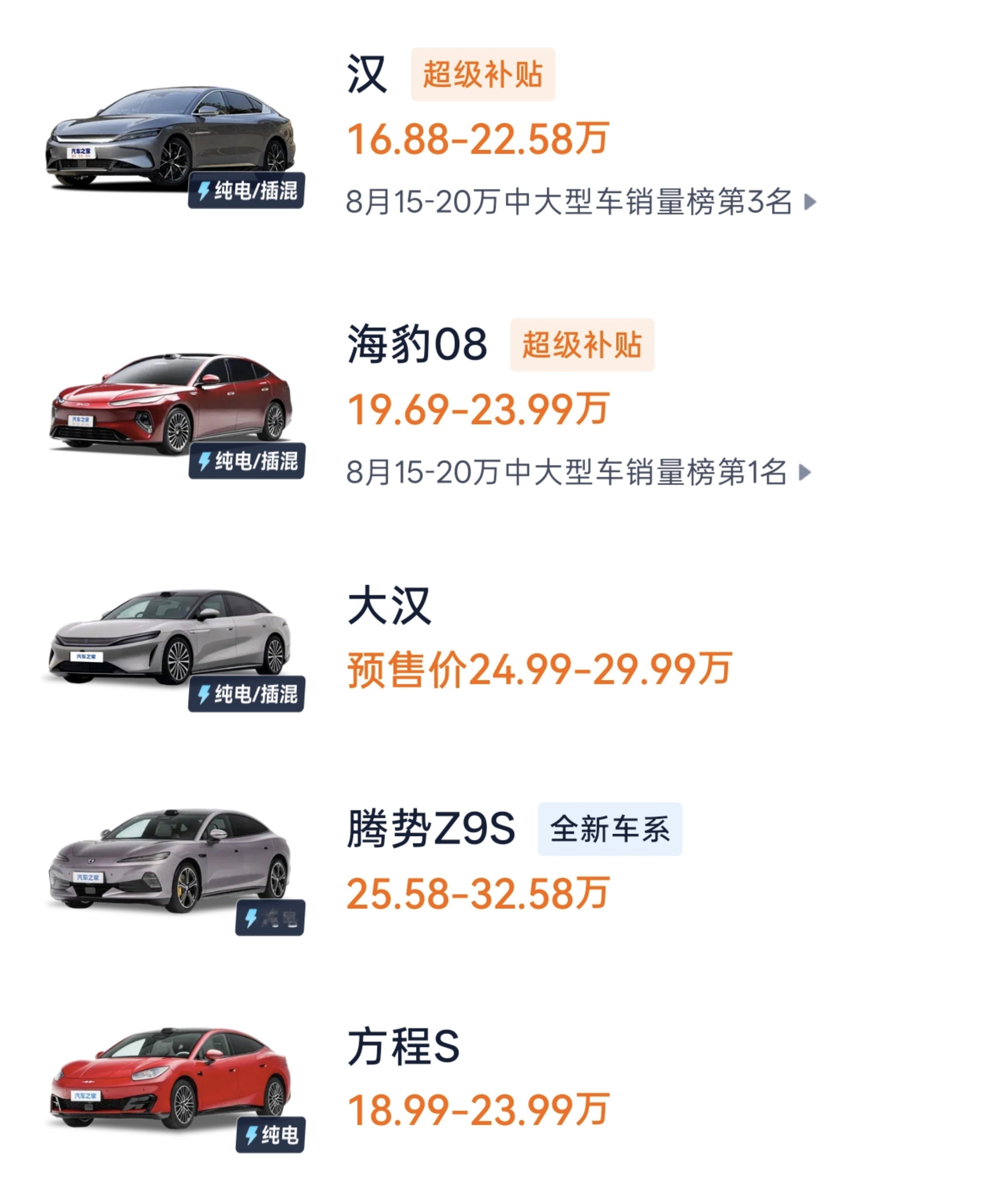 猜一猜大汉正式上市售价多少？

大汉预售很久了，一直不正式上市，我想，肯定是定价陷入两难了，即：到底是定高点守住王朝旗舰地位，还是定低点拿销量挽回王朝旗舰颓势。

预售价格是24.99-29.99万元。我认为，单从产品力来看，这个价格还是偏低的。但是，大家懂的，BYD logo嘛。

大汉的产品定位