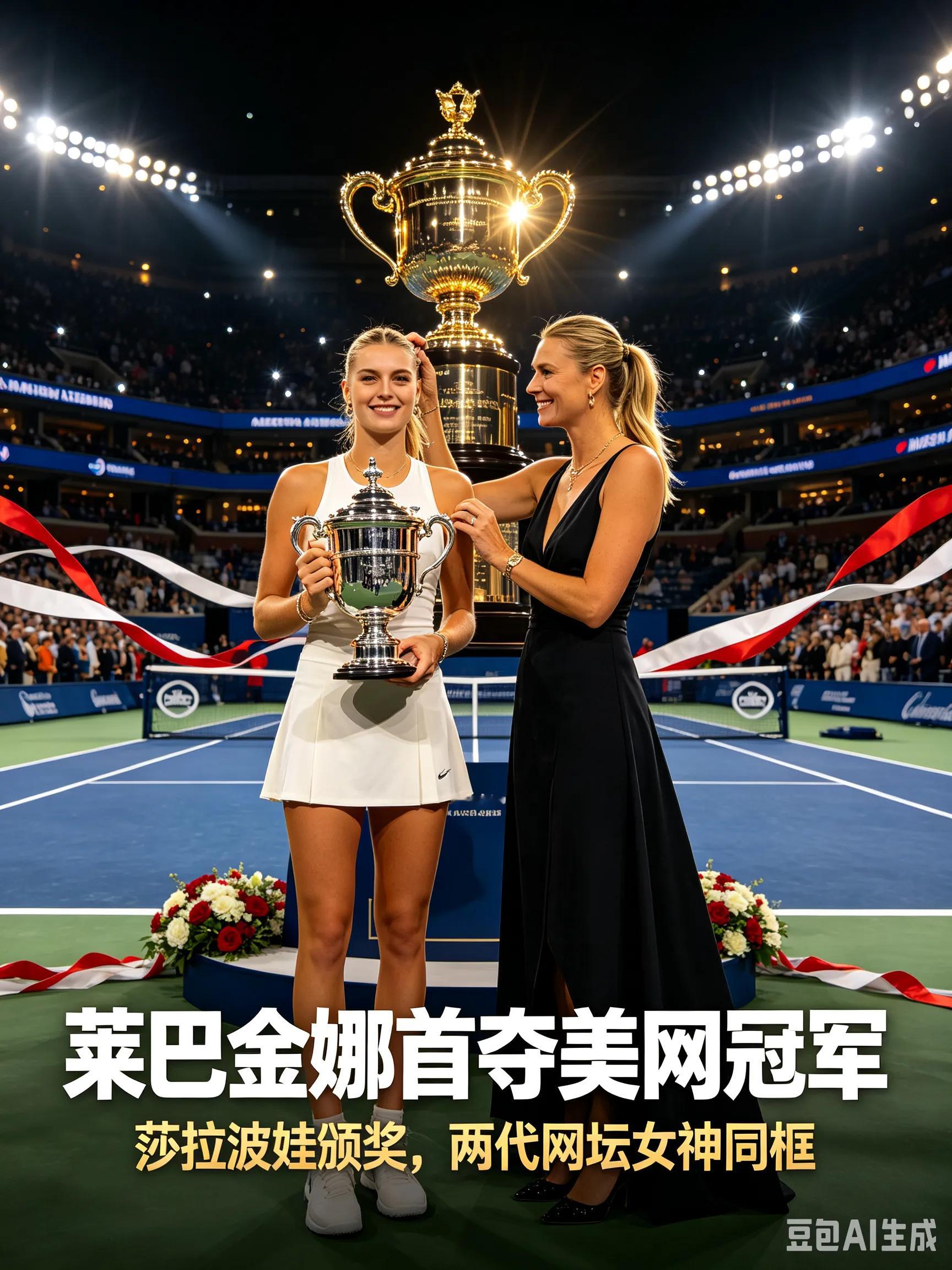 美女同框！莱巴金娜首夺美网，网坛传奇莎拉波娃为她颁奖