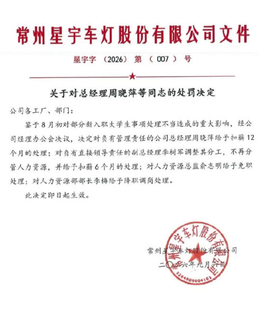 星宇股份创始人兼总经理周晓萍因公司此前批量解约107名应届生引发的舆论风波，被内部处以扣薪12个月的处罚，按她2025年110万元的税前年薪计算，相当于被扣薪110万元。  一、内部处罚决定与薪资计算