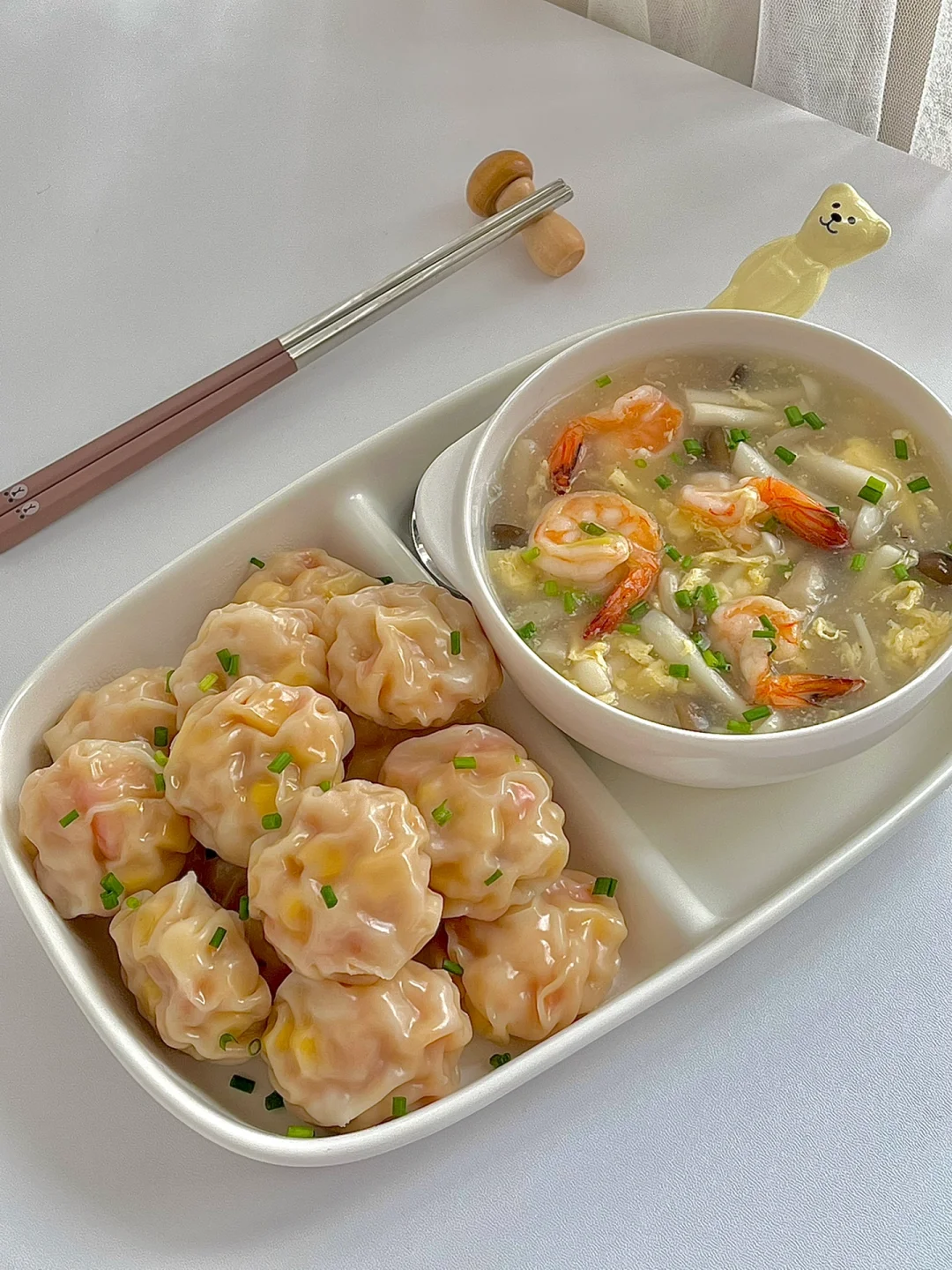 ☀️中式早餐🥢虾滑玉米蒸饺🍤虾仁菌菇鸡蛋汤