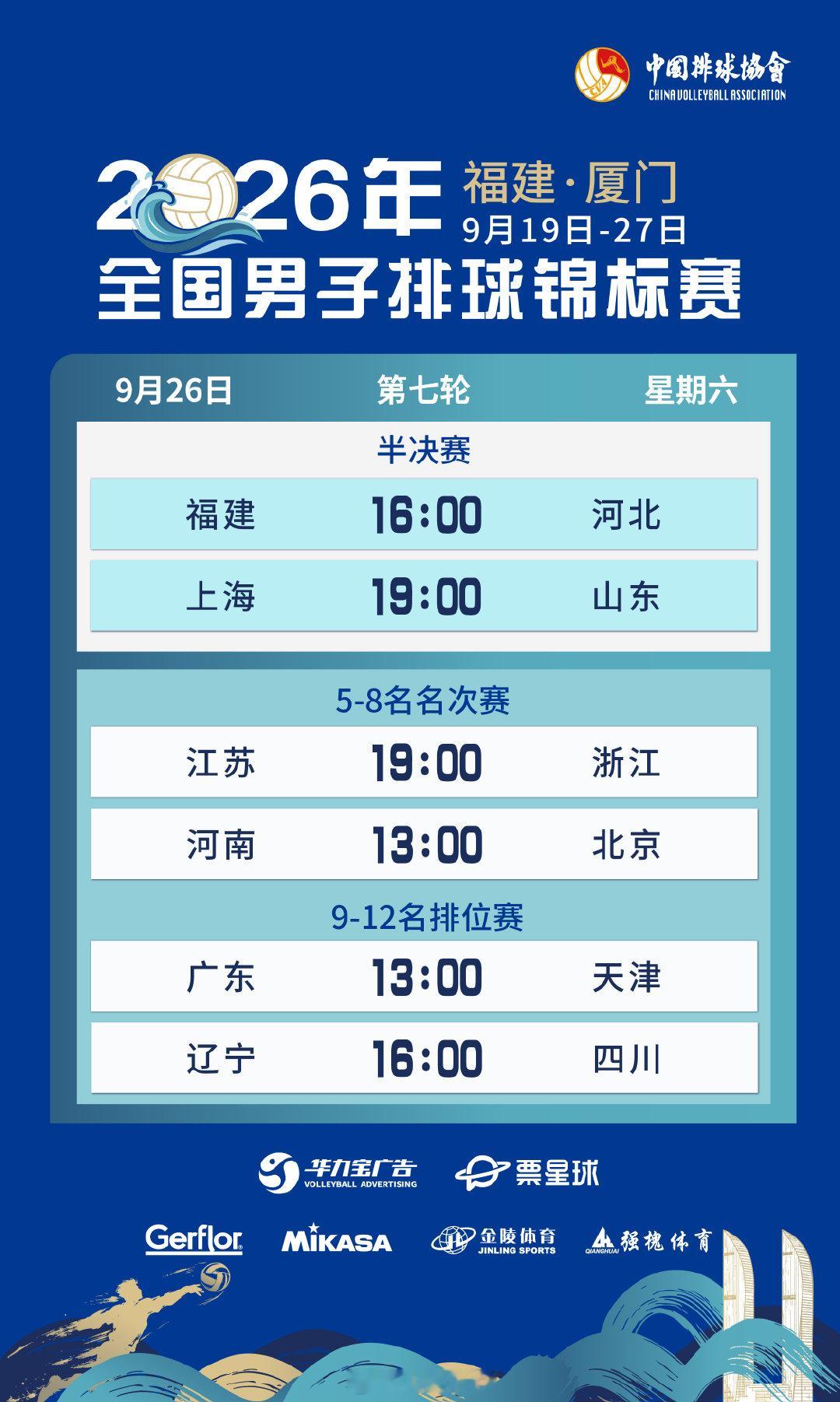 9月26日，#2026年全国男排锦标赛# 将展开半决赛以及5-8名名次赛、9-12名排位赛的争夺。赛程👇 ​​​