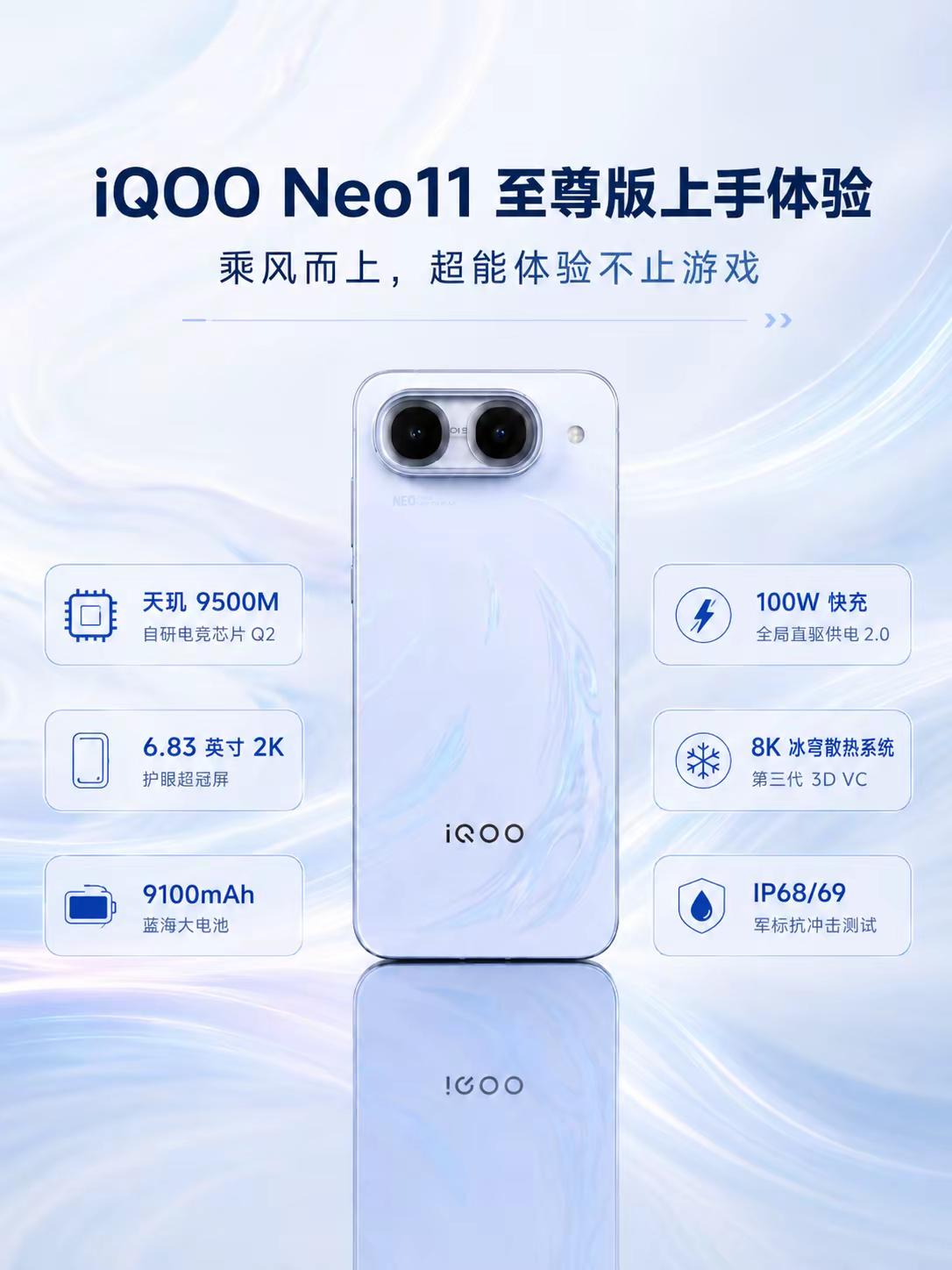 iQOO Neo11 至尊版！。性能党狂喜✨iQOO Neo11 至尊版上手体验天玑 9500M + 自研电竞芯片 Q2，游戏直接拉满🔹6.83 英寸 2K 护眼超冠屏，观感通透🔹9100mAh 蓝海超大电池，告别电量焦虑🔹100W 超快闪充，回血速度飞快🔹8K 冰穹散热，长时间游戏不烫手🔹IP68