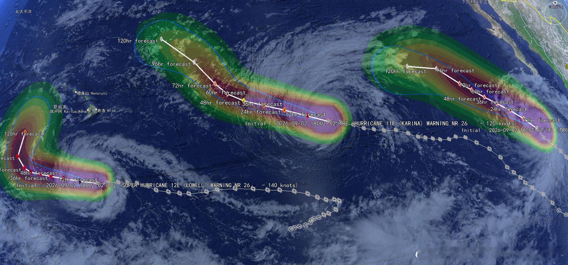 NOAA-21[钟]2026/09/02 [下雨] Hurricane Marie（20:30UTC）Hurricane Karina（22:10UTC）Hurricane Lowell（23:50UTC）
[话筒] AI:  Marie正以约10英里/小时（17公里/小时）的速度向西北偏西方向移动。这一运动方向将持续至今晚，随后在未来几天将转向更偏西北偏西的方向。最大持续风速已增强至接近80 ​