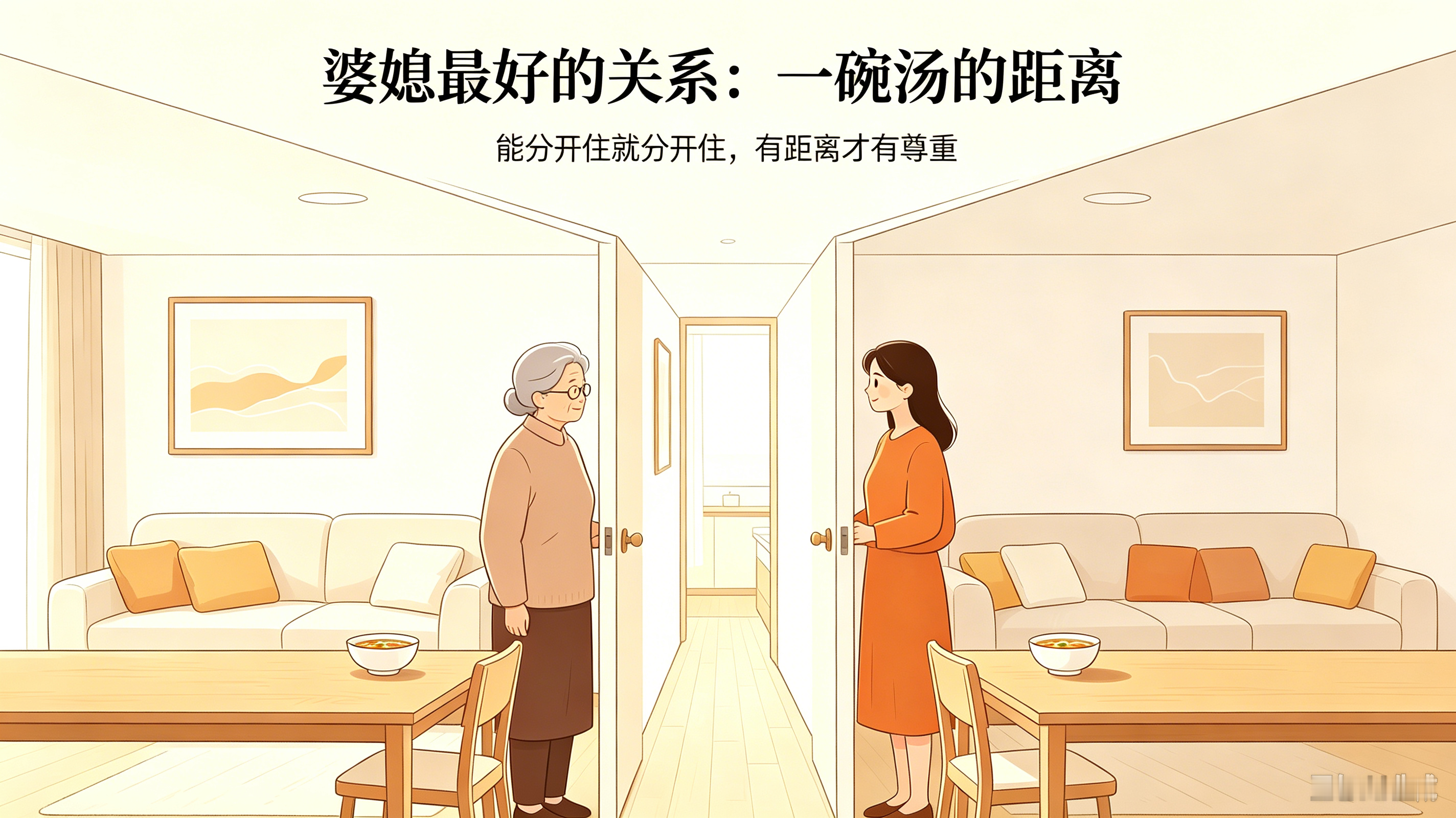 婆媳最好的关系：一碗汤的距离
 
听过一句很通透的话：大多数婆媳矛盾，不是离得太远，而是住得太近。
 
深以为然。
 
很多家庭的争吵、隔阂、委屈，从来都不是谁天生坏心，而是两代人挤在同一个屋檐下，生活习惯、观念、分寸感彻底交织，最后把亲情磨成了怨气。
 
真正聪明的婆媳，都懂一个相处准则：能分开住