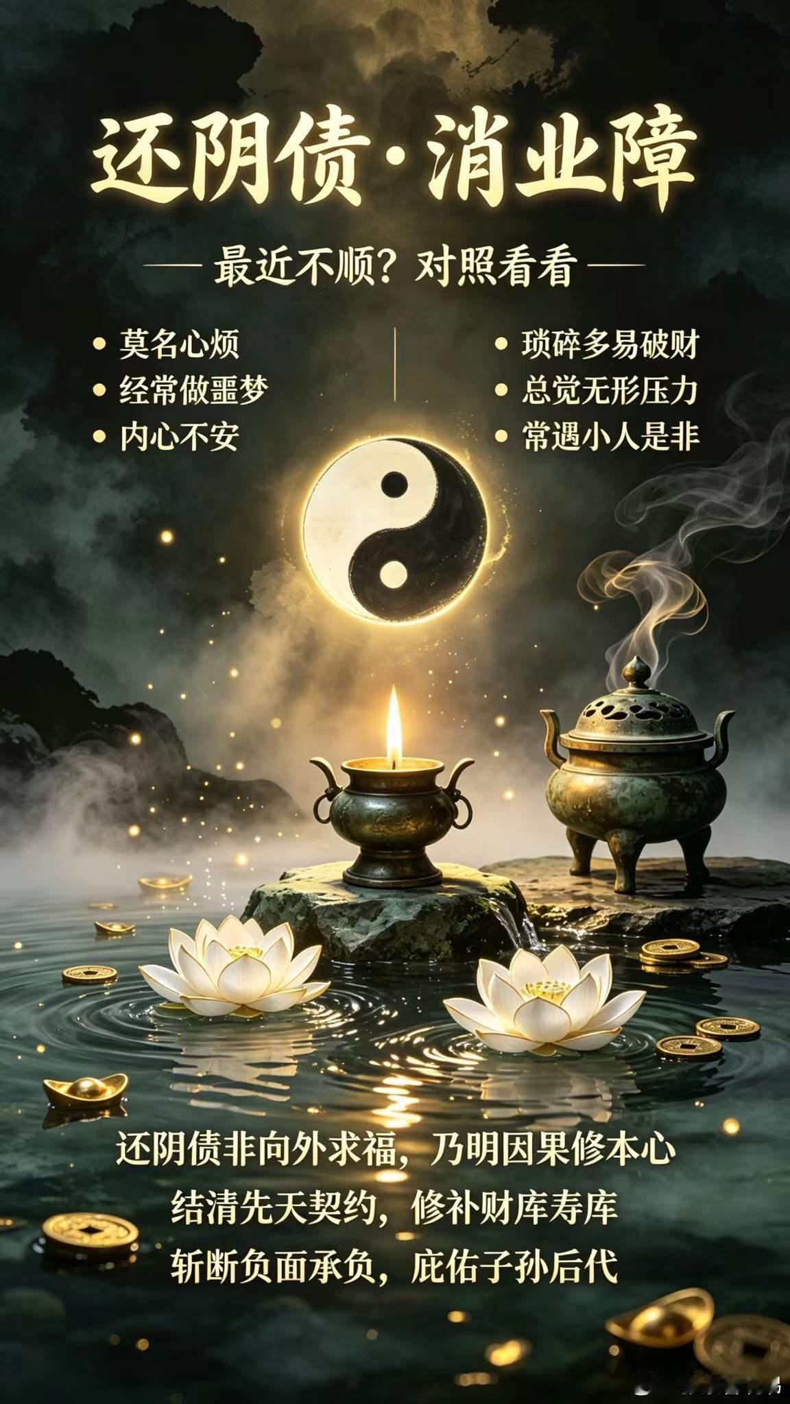 你有没有那种感觉🤔明明什么都没做错，却总觉得哪里不对。不是你的问题，是有些账没结清。还阴债，结的是过往，安的是当下。☯️ ​​​