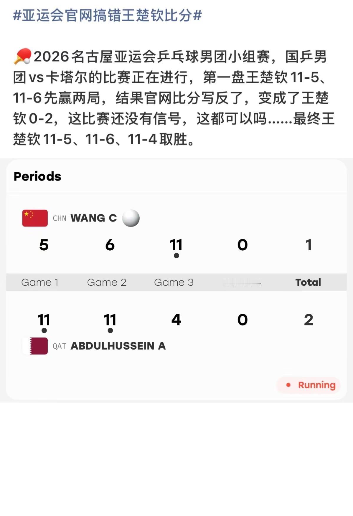 亚运会官网搞错王楚钦比分。