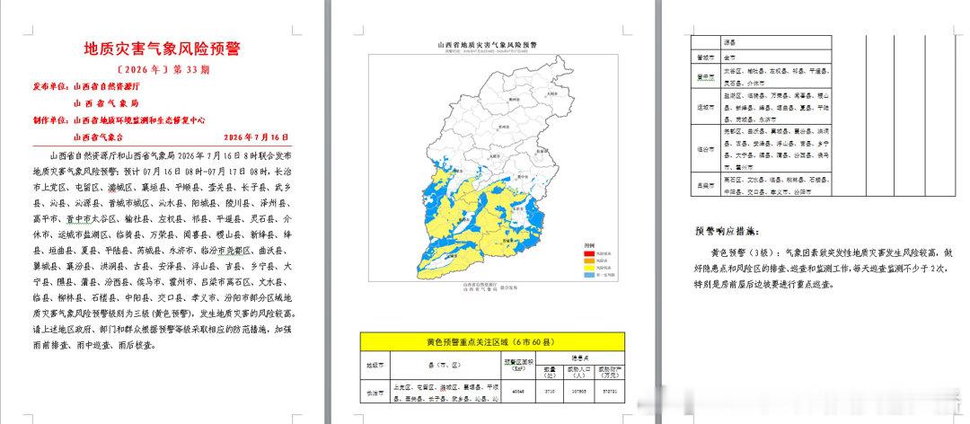 山西省自然资源厅和山西省气象局2026年7月16日8时联合发布地质灾害...