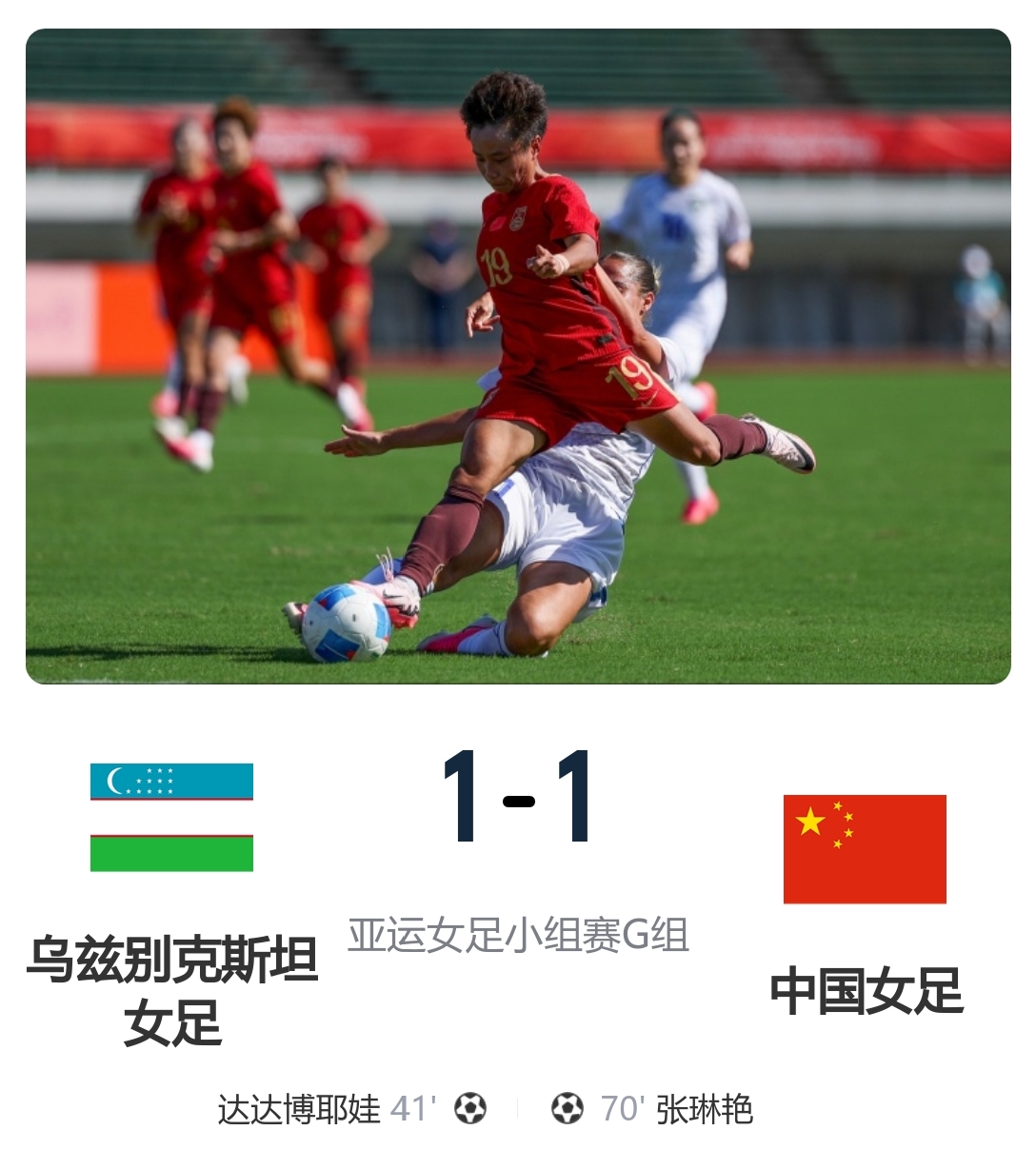 王霜满脸遗憾和落寞！无人配合她只能连续摆脱4、5人的二轮围追堵截强行射门，球很精彩，但与门无缘！
日本女裁判只多补了1分半就吹响了结束的哨音！既便乌兹别克斯坦女足守门员仅倒地疗伤那一次就耽搁了2分多钟，更别说她们多次倒地故意延误时间，这场比赛的进时间超不过60分钟。
但中国女足20多次射偏、射高、射