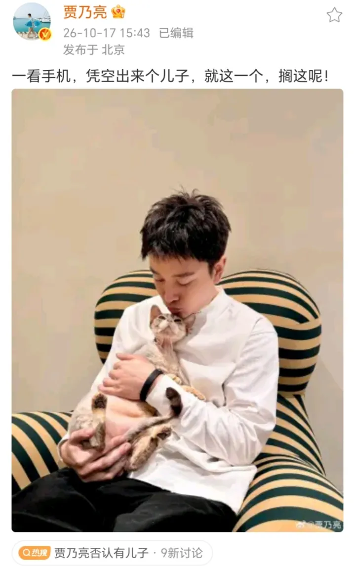 10月17日，贾乃亮在个人社交平台发文否认有儿子一事，他还晒出一张抱着猫咪的合照直言：“就这一个，搁这呢”。
贾乃亮自从恢复单身后，几乎没有出现过绯闻，专心做直播事业。除此以外，他也偶尔会晒出和女儿甜馨的合影秀幸福。就在前不久，贾乃亮还带着女儿开心出游，父女俩还在游
