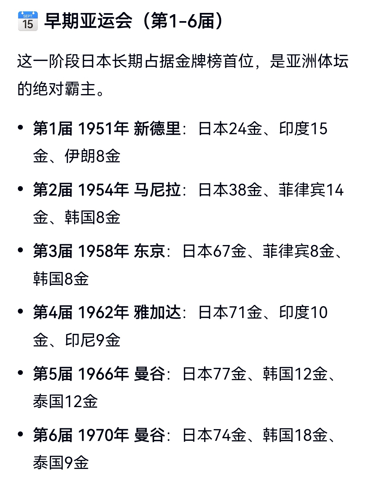 中国首次参加亚运会是在1974年第7届，1982年第9届中国首次金牌榜登顶，从1982年第9届起到第19界中国连续11次蝉联金牌榜第一。
2026年9月19日至10月4日，将在日本爱知县和名古屋市举行‌第20界亚运会，为期16天，期待中国再创佳绩，加油！
亚运2026 亚运会