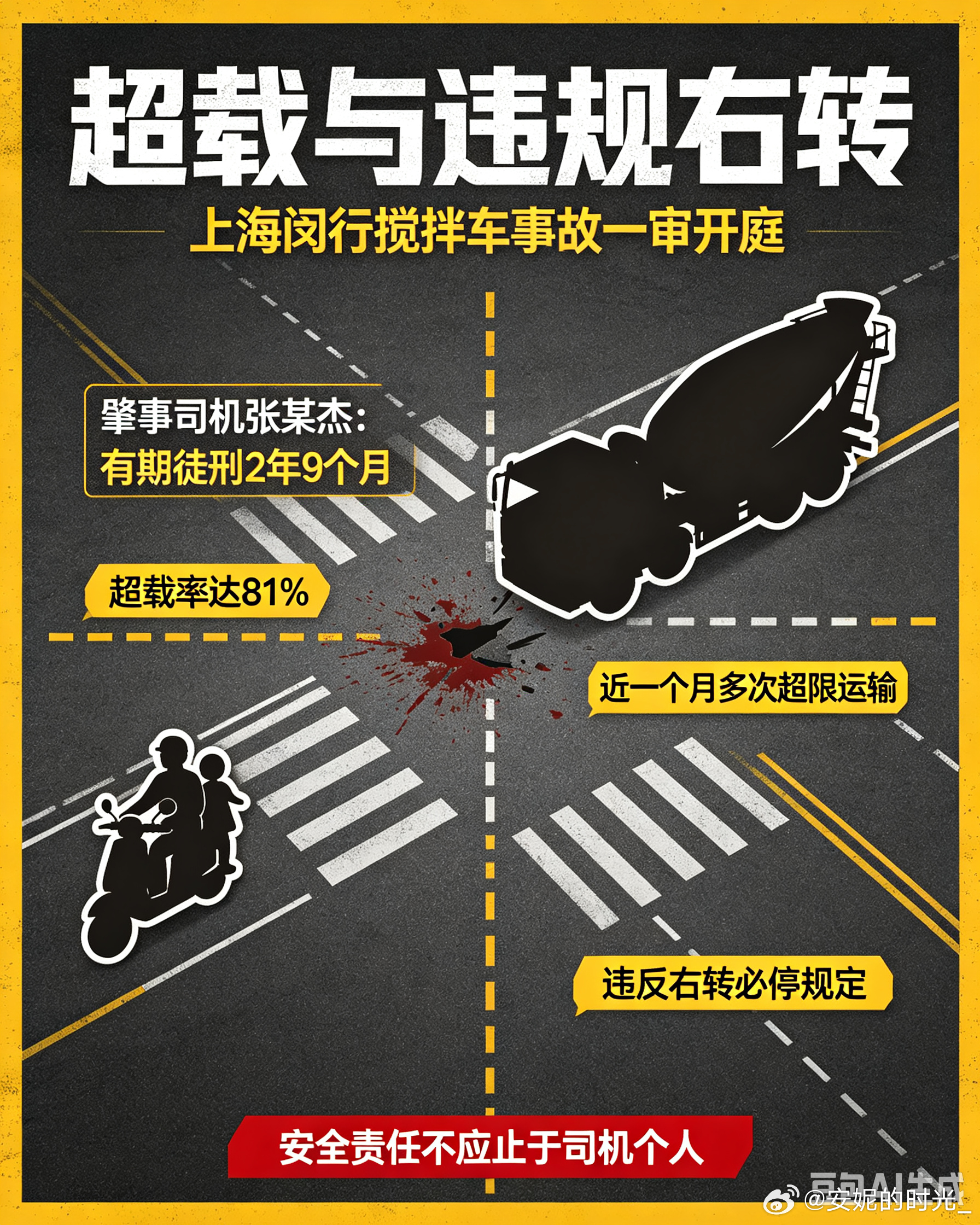 #女童截肢司机说哪个大货车不超载#
2025年11月3日下午，上海闵行银秋路华宁路路口，彭女士骑电动车接两个孙女放学，遭右转混凝土搅拌车撞倒碾压。彭女士当场身亡，7岁大孙女双腿高位截肢，小孙女仅皮外伤。
 
经认定，肇事司机承担事故全部责任，获刑2年9个月。涉事搅拌车超载率高达81%，事发前一个月 ​