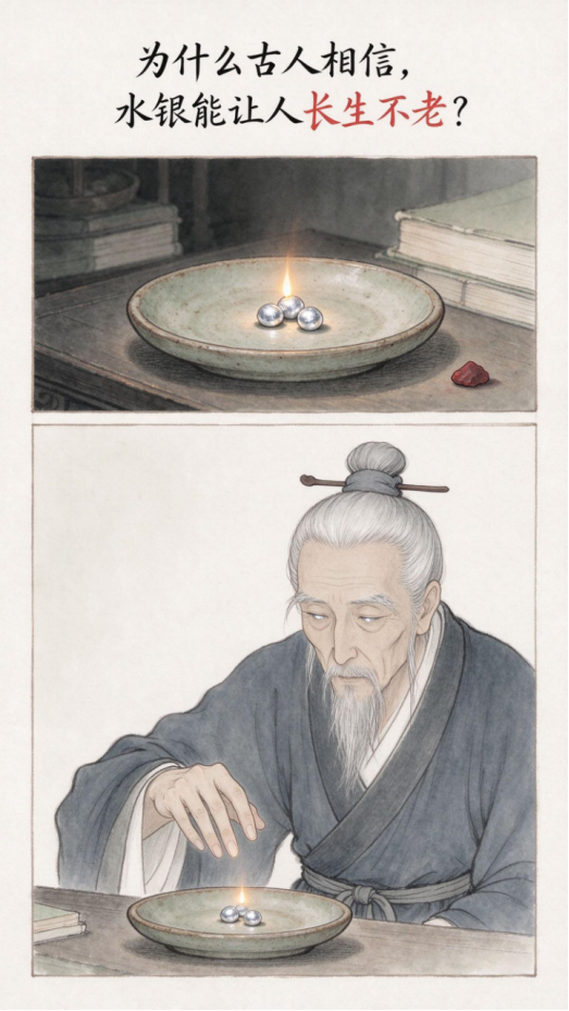为什么古人觉得水银能让人长生？
 
这套观念来自道教外丹理论，核心记载出自葛洪《抱朴子》。
 
古人观察到丹砂加热可以化为水银，水银再和硫化合，又能变回红色丹砂，在他们眼里，这种循环变化代表生生不息，不像草木一烧就成灰烬。
 
于是方士提出理论：外物不朽，人服食之后，就能借金石的坚固，让肉身也长久不