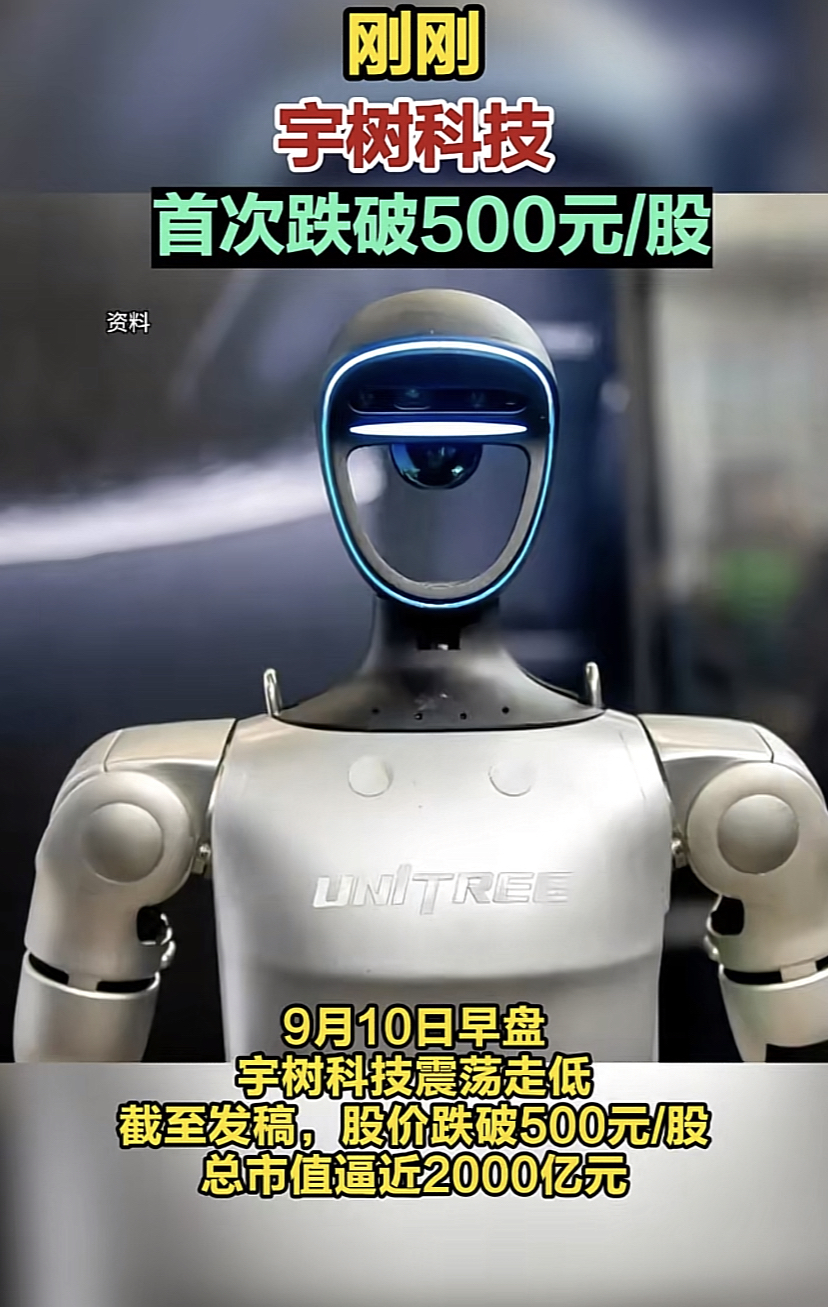人形机器人热度退潮？
宇树科技股价首次跌破500元

曾经火遍全网的
人形机器人龙头宇树科技，9月10日早盘迎来大幅回调，股价首次跌破500元关口，盘中最低498元，总市值逼近2000亿。

此前市场对人形机器人充满想象，各路资金扎堆追捧，股价一路冲高。可热闹过后，现实问题摆上台面：机器人技术落地、