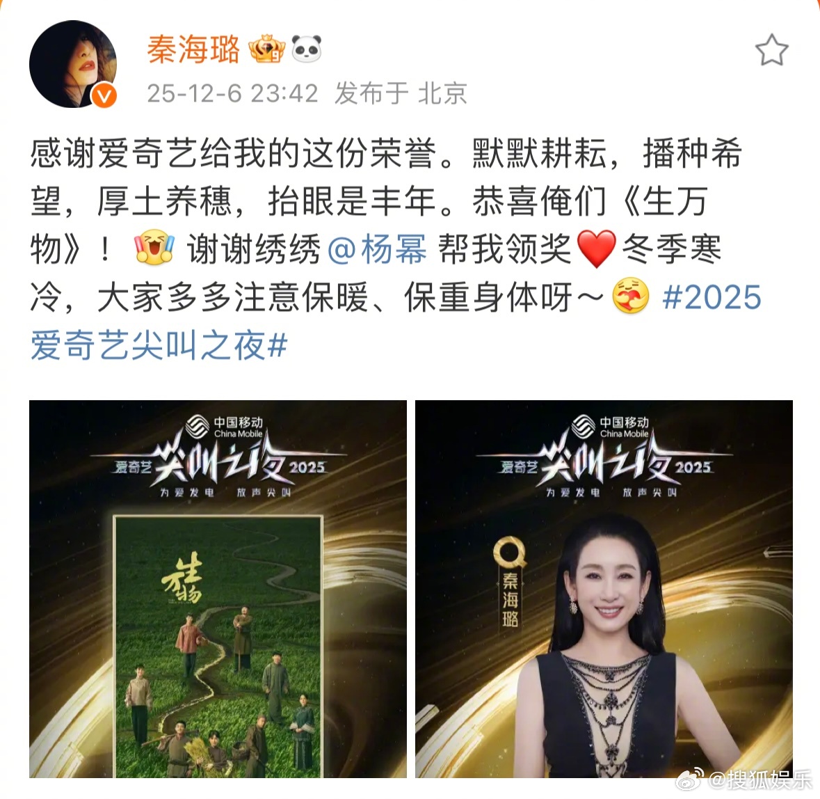 秦海璐高烧缺席，杨幂帮秦海璐领了“年度匠心演员”奖，太贴心了，还帮海璐...