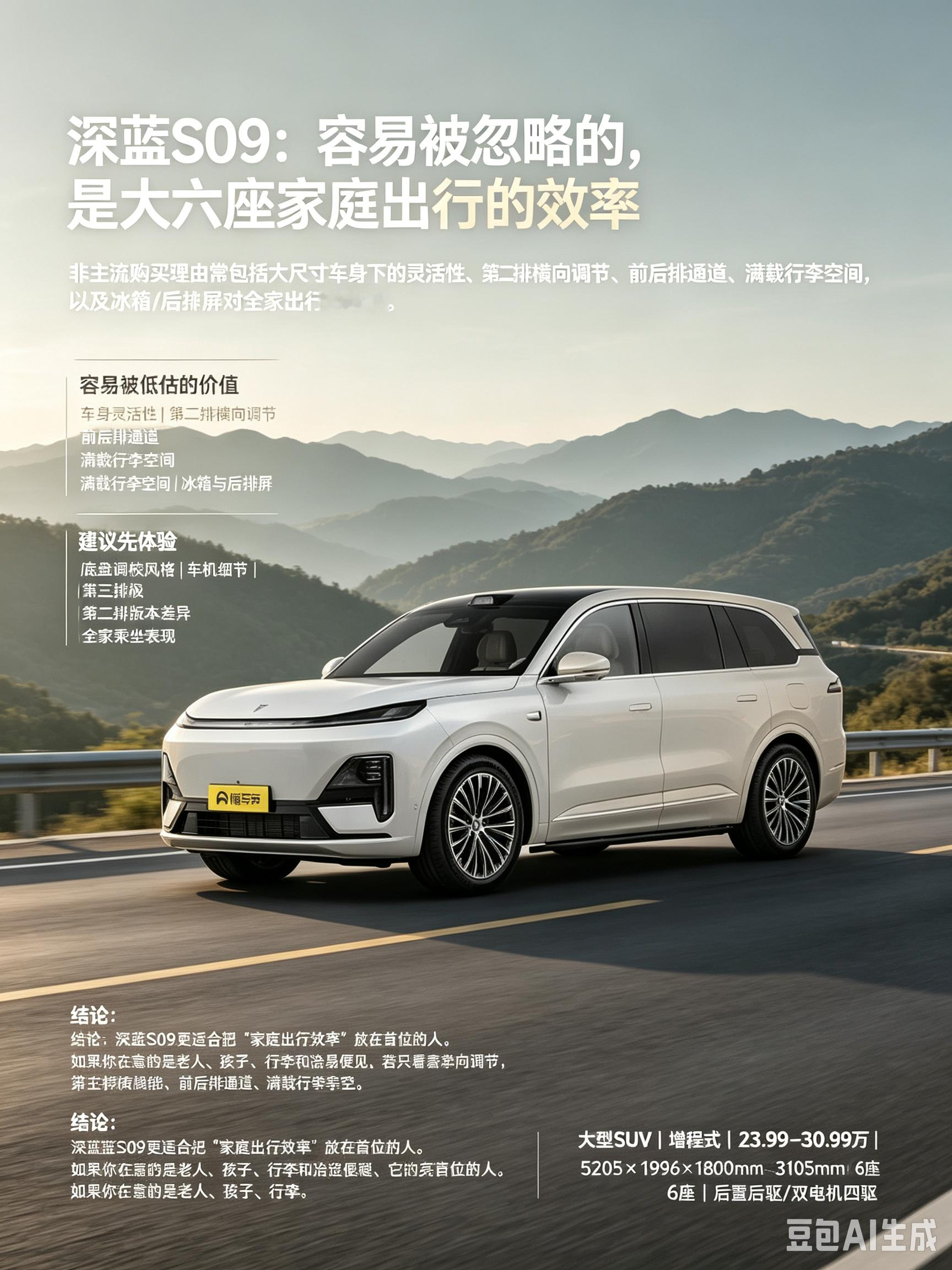 观点：深蓝S09容易被忽略的亮点，不是单项豪华配置，而是“大六座家庭出行”的空间与便利组合。讨论里，非主流购买理由常包括大尺寸车身下的灵活性、第二排横向调节、前后排通道、满载行李空间，以及冰箱/后排屏对全家出行的适配；但底盘调校、车机细节和第三排极限空间也会因版本与使用条件被提及。它更适合把“家庭出