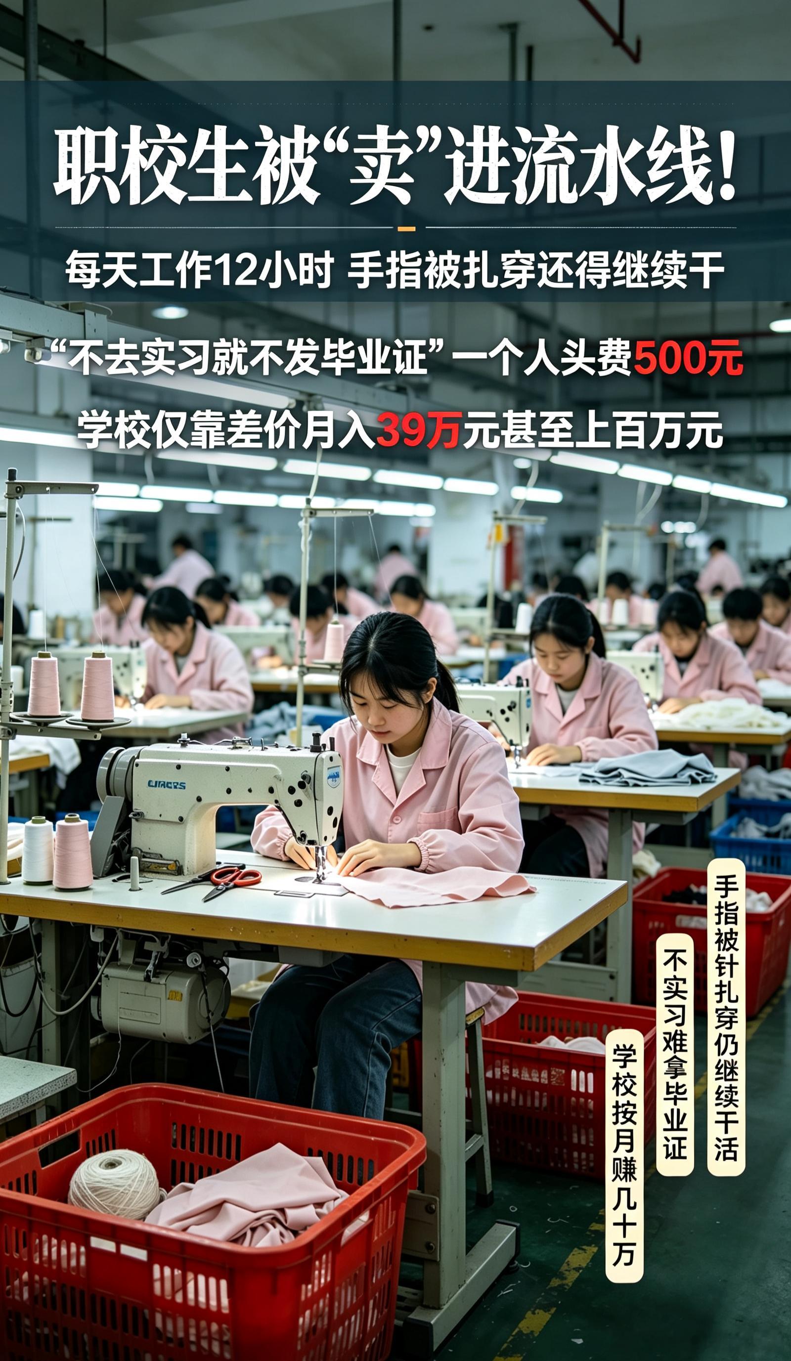 【#央视网曝光职校实习黑产#】#介绍一个实习生职校拿500元人头费#
谁能想到，送孩子去读职校学手艺，最后变成被送去流水线打工创收。
服装设计专业去踩缝纫机，每天工作12小时，手指被针扎穿还不能停下就医。
不去实习就拿不到毕业证，人头费500元一个，工时差价层层瓜分，学校靠着学生每月赚几十万甚 ​