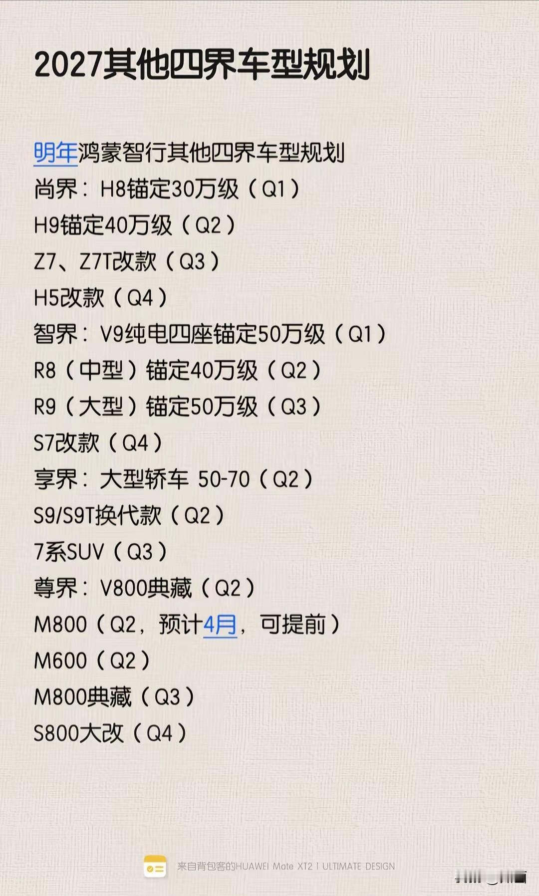 这份“2027年四界车型规划”，目前来看更像是博主基于现有产品节奏和品牌定位做的推演，并不是华为或鸿蒙智行官方已经确认的完整产品矩阵。几个点可以分开看：

1. “四个界都出SUV”不等于问界被锁死

鸿蒙智行旗下几个界虽然都叫“界”，但品牌定位、价格带、目标人群差异很大：

问界：目前主打家用SU