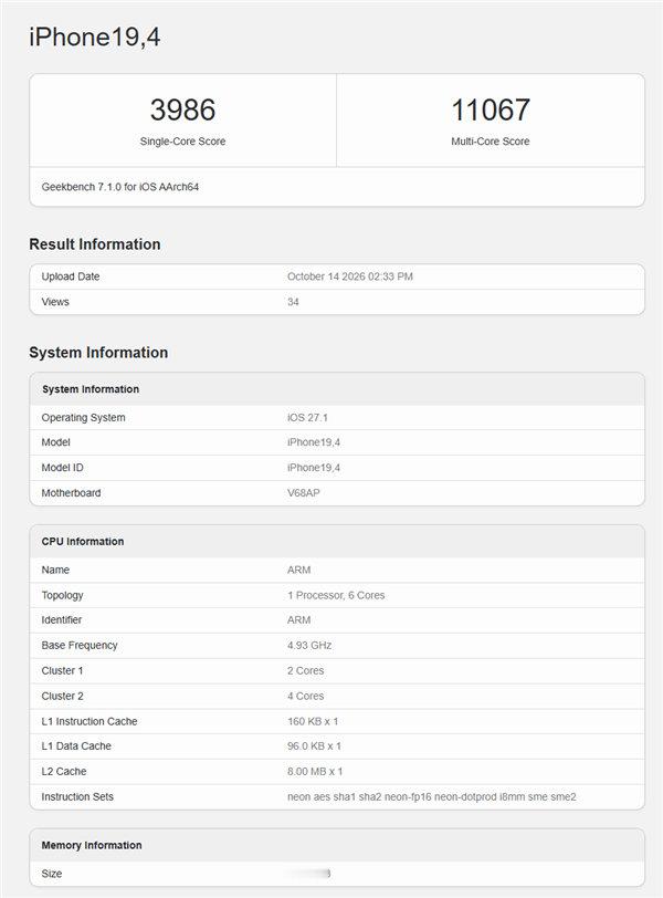 #iPhoneDuo跑分# 

单核成绩3986分，多核成绩11067分

明晚八点iPhone Duo就开启预购了，各位多少把握抢到[吃瓜] ​