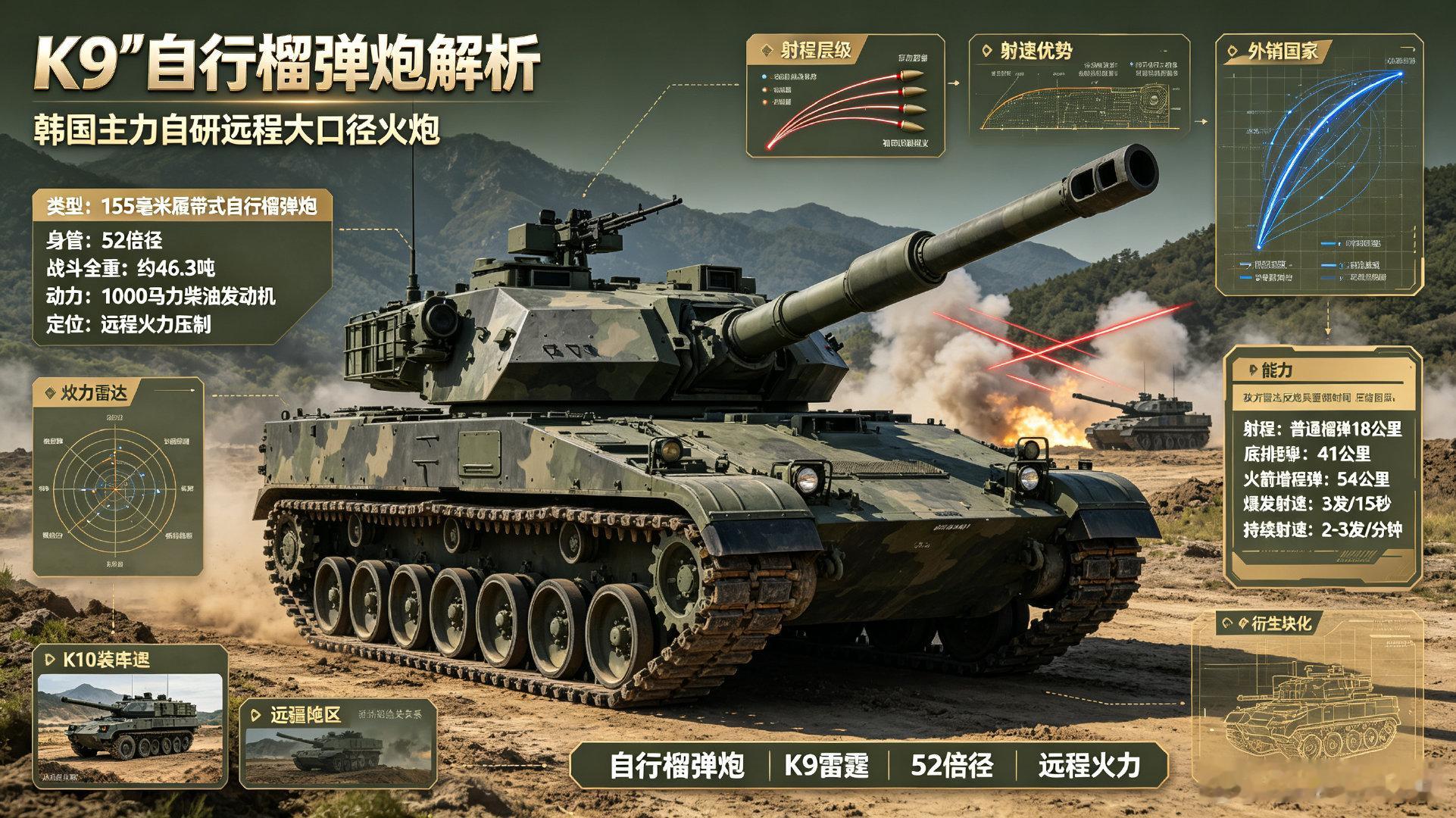 K9“雷霆”，韩国主力自研155毫米履带式自行榴弹炮。52倍径长身管、远射程、高射速，支持同时弹着打击，是韩国陆军远程火力核心，并已大量出口国际市场。
 
#每天认识一件兵器##军事ai新视野##全球武器装备盘点# ​