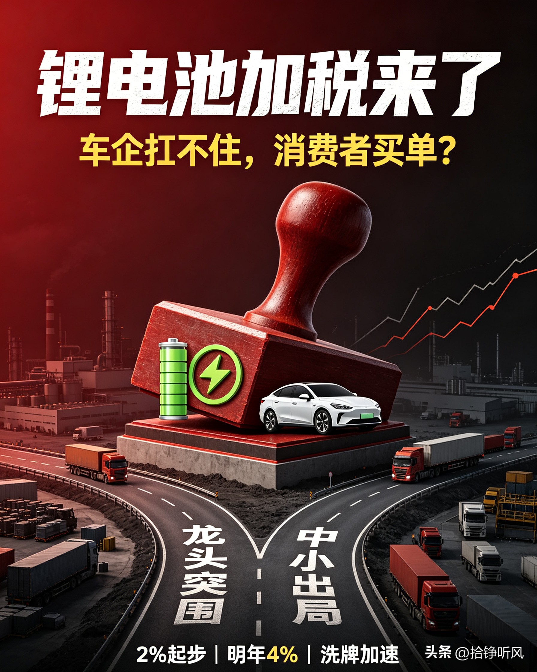 🔥9月锂电池开征消费税！新能源车要涨价？这笔成本该消费者买单吗？
 
自2026年9月1日起，锂原电池、锂离子蓄电池恢复征收2%消费税，2027年9月进一步提升至4%，长达11年的免税时代正式落幕。
 
政策落地前夕，多家电池企业已经官宣上调产品价格，整条产业链价格体系迎来重构。
 
现实很残酷：