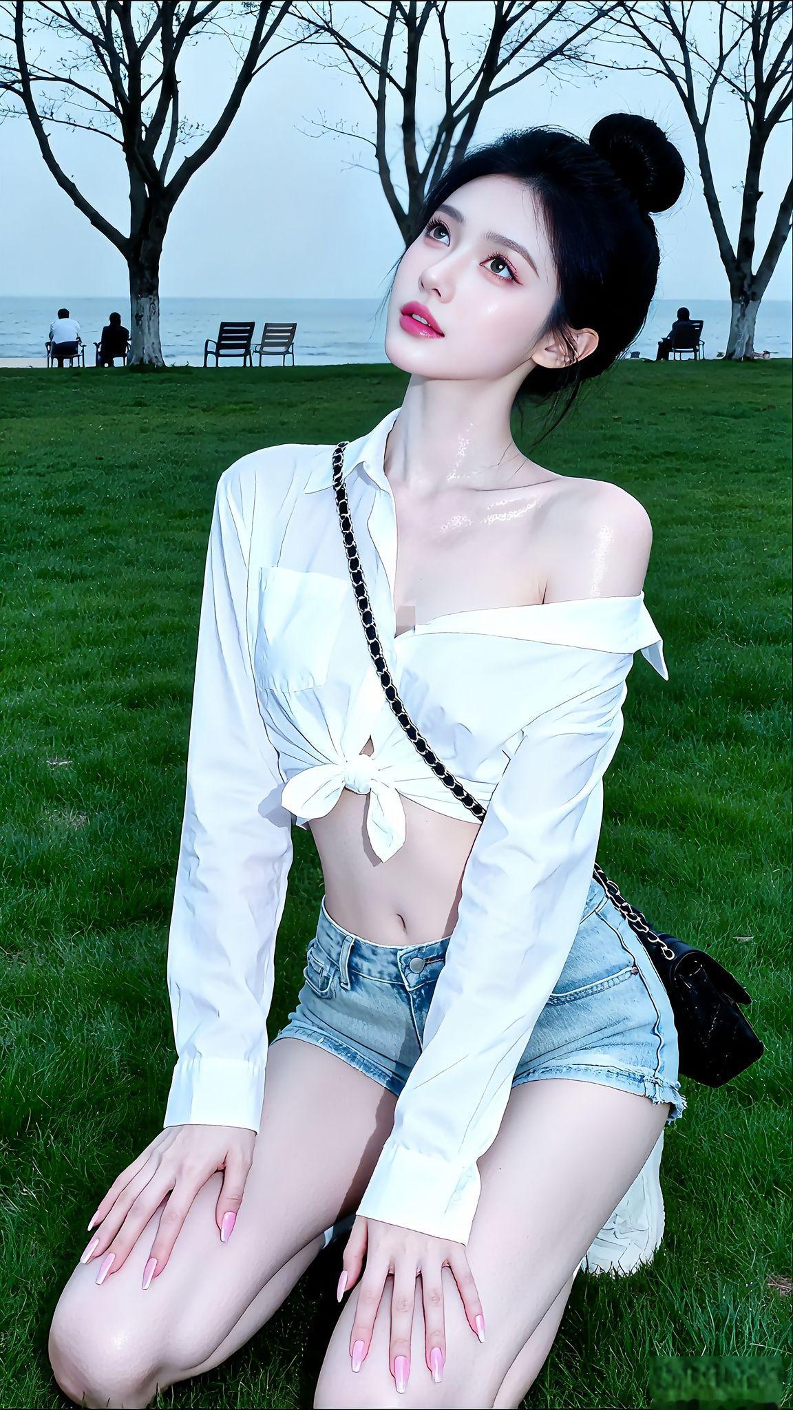 海边草地上的清新少女，白色露肩上衣与牛仔短裤，轻松自在。