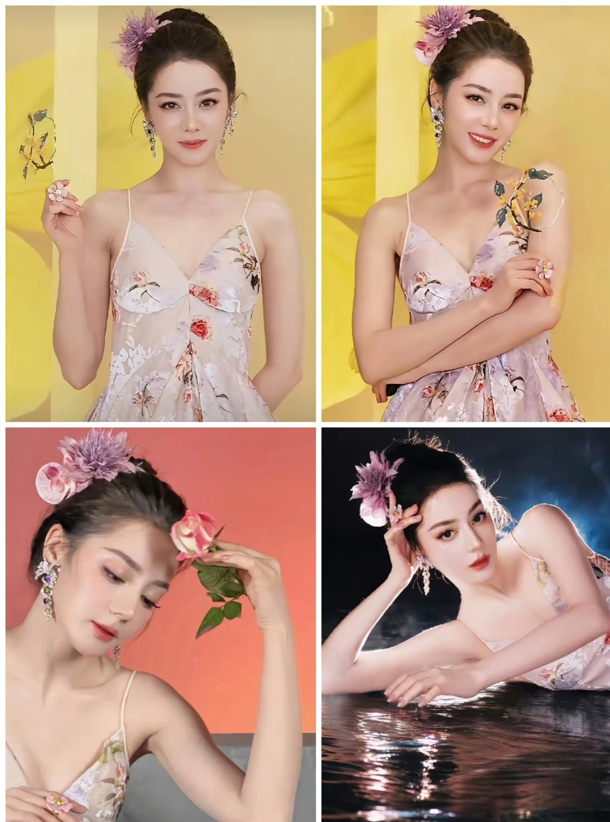 看惯了迪丽热巴在红毯上大杀四方的女王模样，谁能想到她换个画风能直接把人看愣神。
10月14日晚上的品牌直播间里，不少原本只想随便扫一眼的网友，愣是没舍得退出去。
一身粉色薄纱吊带裙，头上随手挽了个丸子头，还别着朵桃花，手里摆弄着小绿枝。
以往走红毯，她基本都是高定礼服加持，大波浪配大红唇，冷艳