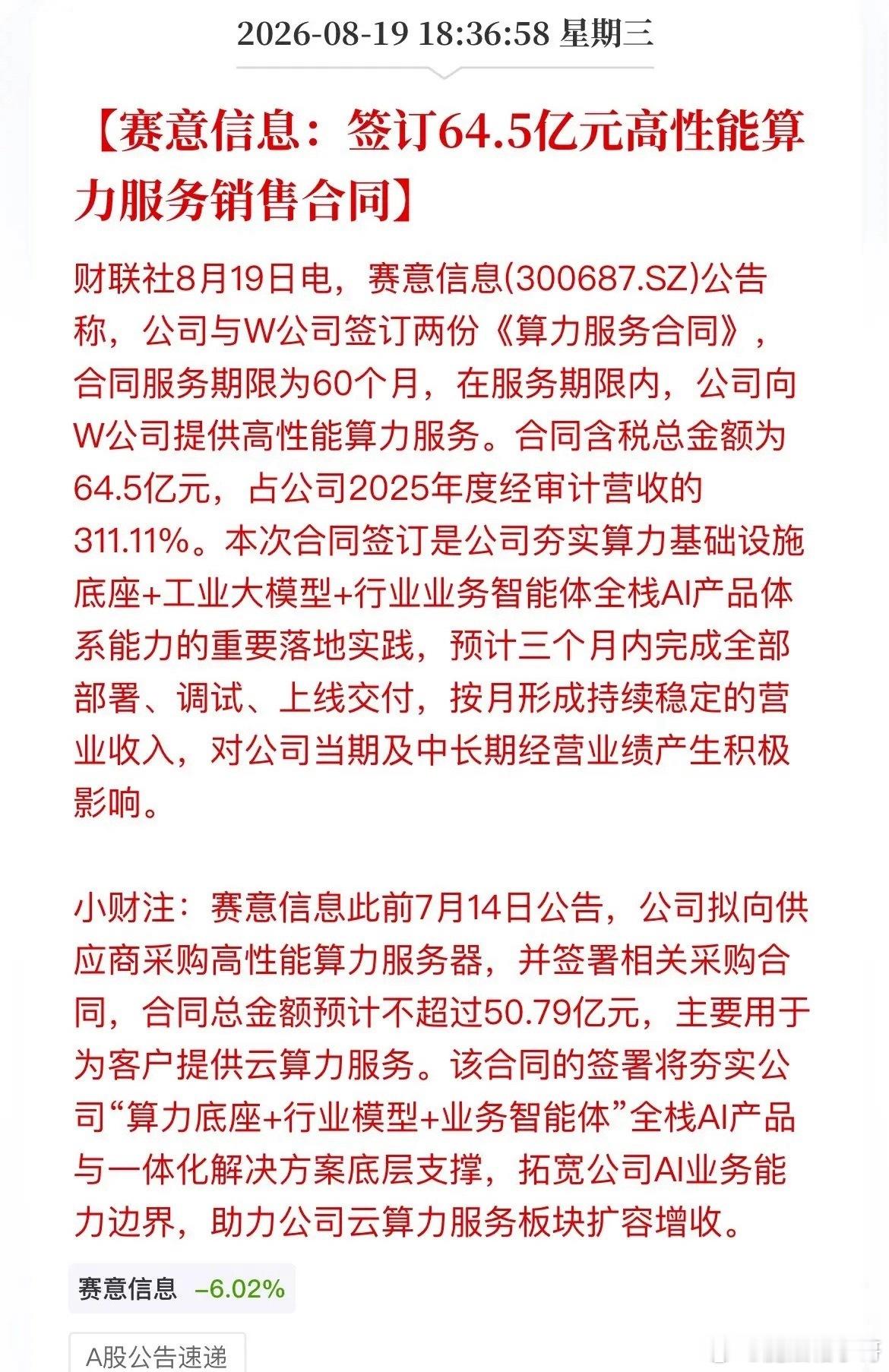 盘后王炸！64.5亿算力大单落地，赛意信息这次玩真的了？

8月19日盘后，赛意信息抛出重磅经营公告，公司与W公司签署五年期高性能算力服务合同，含税总金额高达64.5亿元，订单规模达到去年全年营收的3倍以上，在A股算力租赁赛道当中属于罕见的超大额长期订单。

梳理完整时间线，逻辑链条十分清晰：7月 ​