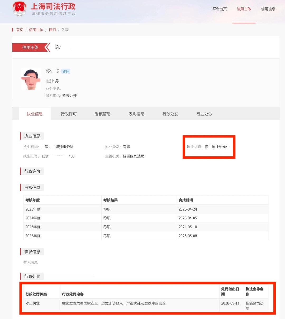 上海：陈律师（男）因发表危害国家安全、恶意诽谤他人、严重扰乱法庭秩序的行为，被停止执业。

#实务案例看一看# ​