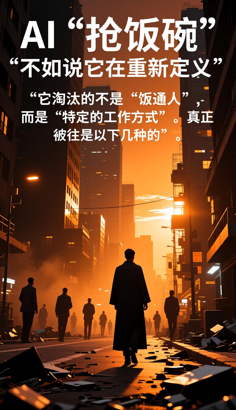 不过，与其说AI在“抢饭碗”，不如说它在重新定义“饭碗”——它淘汰的不是“普通人”，而是“特定的工作方式”。真正被淘汰的，往往是以下几种人：

1. 把“熟练”当“护城河”的人
过去，一项技能练到极致就能安稳退休。但现在，任何可标准化、可重复、有明确规则的技能，AI学得都比人快。如果你唯一的优势是“