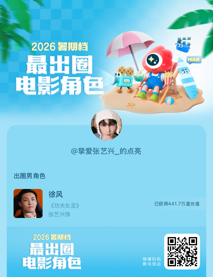 2026#暑期档最出圈电影角色#正在评选中，和暑期档角色携手共赴夏日星光派对，还有机会赢得惊喜周边哦！#电影正当夏##张艺兴[超话]# ​