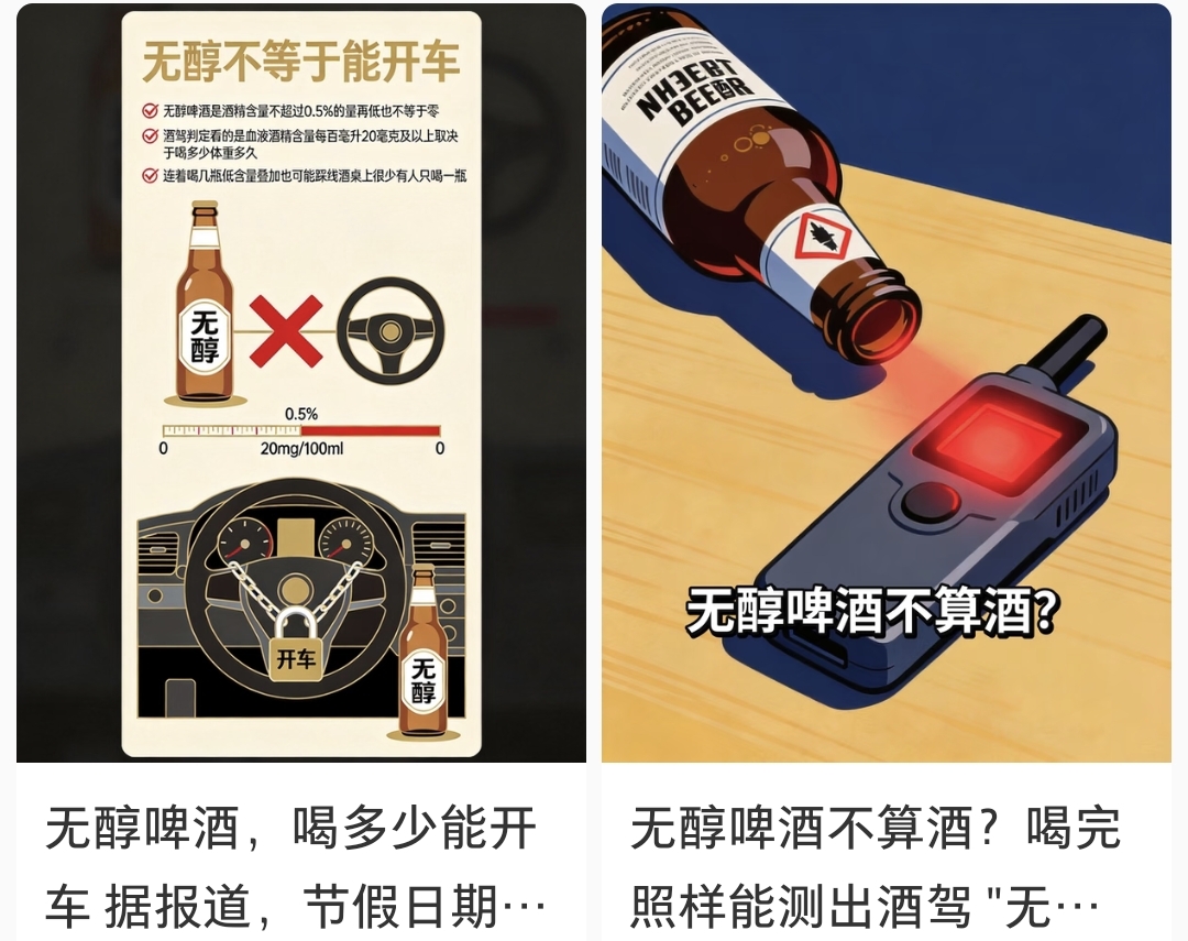 饮用无醇啤酒不会构成酒驾

这话听着挺顺耳，可实际上是个坑。

国庆假期饭局扎堆，不少人把无醇啤酒当成&34;安全牌&34;，心想反正没酒精，喝完照样开车。结果一吹气，数值直接过线，驾照说扣就扣。

问题出在哪？无醇啤酒根本不是零酒精。国家标准写得明明白白，无醇啤酒的酒精度是不高于0.5%vol，每100毫升最