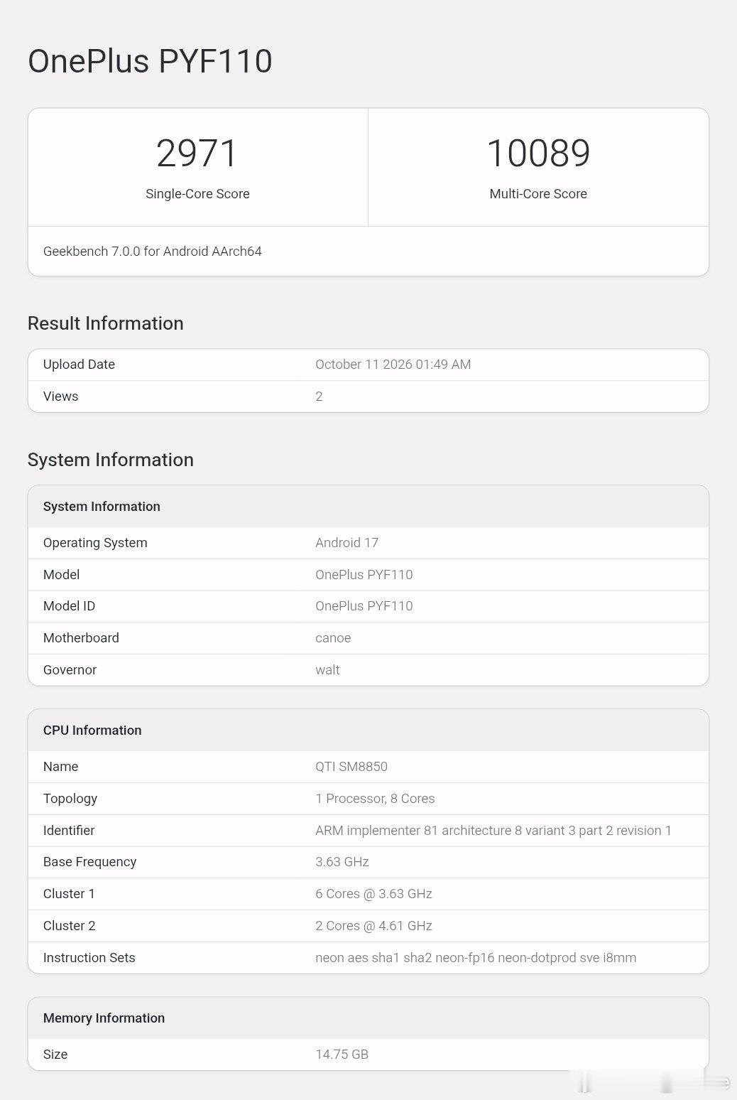 一加 Ace 7 系列 现身 Geekbench (GB7)
骁龙 8 Elite Gen5 🐉

单核 ~ 3100+
多核 ~ 10300+
#数码闲聊站[超话]##一加##一加16# ​