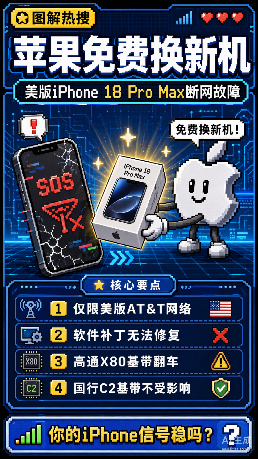 #苹果将为受影响用户免费更换新机#美版 iPhone 18 Pro Max 这次算是遇到了真正的底层硬件 BUG。

部分使用 AT&T 网络的机型突然集体“失联”，通话、短信和移动数据全部掉线，状态栏只剩下一个冰冷的 SOS。苹果虽然紧急推送了 iOS 27.0.1 补丁试图止损，但官方也承认，这属于物理层的适配故障，软件层 ​