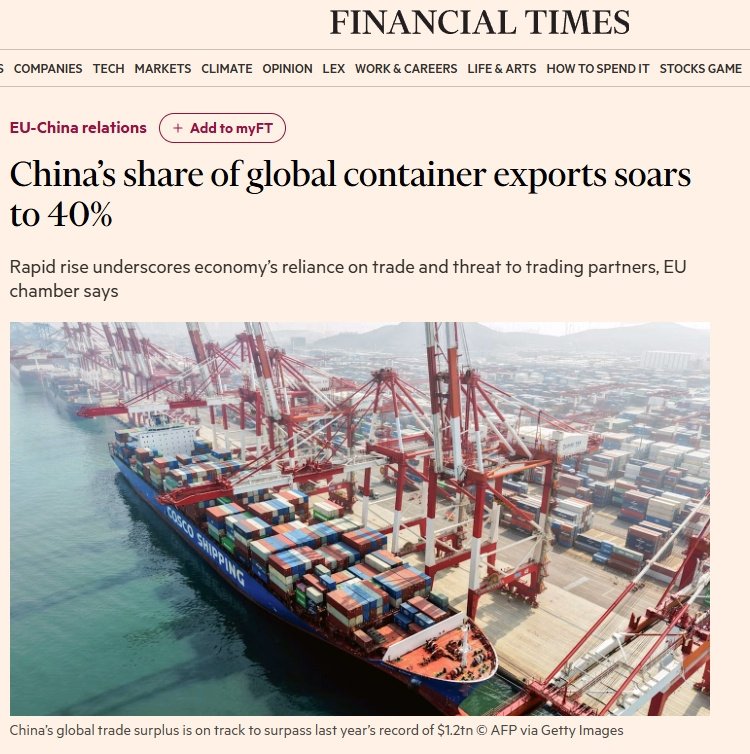FT：中国在全球集装箱出口中的份额飙升至40%。欧洲每向中国出口一个集装箱，中国回运6个《金融时报》报导，欧盟在华商会主席延斯·埃斯克伦德表示，按过去三个月的滚动平均数据，中国占全球集装箱出口总量的40%，在短短九个月内已上升了2.5个百分点，全球贸易失衡的加剧速度超出预期。埃斯克伦德说，“我原本以为，中国要到2030年前后才有望接近40%的水平，这当然也意味着，失衡正在以非常、非常显著的速度加剧。”前8月，中国货物贸易顺差8055.1亿美元，可能会超过去年1.2万亿美元的纪录。进口增速22%大幅高于出口增速14.6%，芯片价格大涨、购买黄金大增，压制了顺差。但即使如此，顺差仍然可能创纪录。欧盟正在讨论征收更多关税以遏制中国进口，但又怕中国反击。欧盟在华商会发布了一份398页的报告，呼吁中国从医疗器械到金融服务、从航运等各行业进行改革，改善欧洲企业的市场准入。2019年欧洲每向中国出口一个集装箱，中国便向欧洲回运2.5个集装箱。而今年前八个月，这一比例已变为1比6。欧盟商会在报告中...